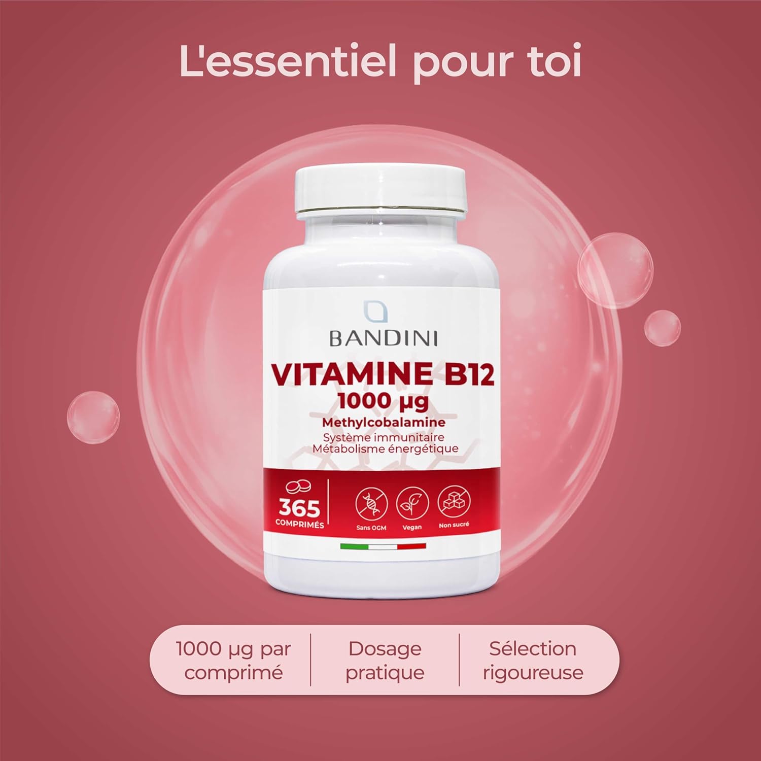 Bandini® Vitamin B12 Vegan 1000 mcg 365 Tablets, 12 Months Intake, Vitamin B 12 Methylcobalamin Bioavailable High Dosed, For Energy, Immunity and Fatigue, 100% Vegan No Additives - Image 5