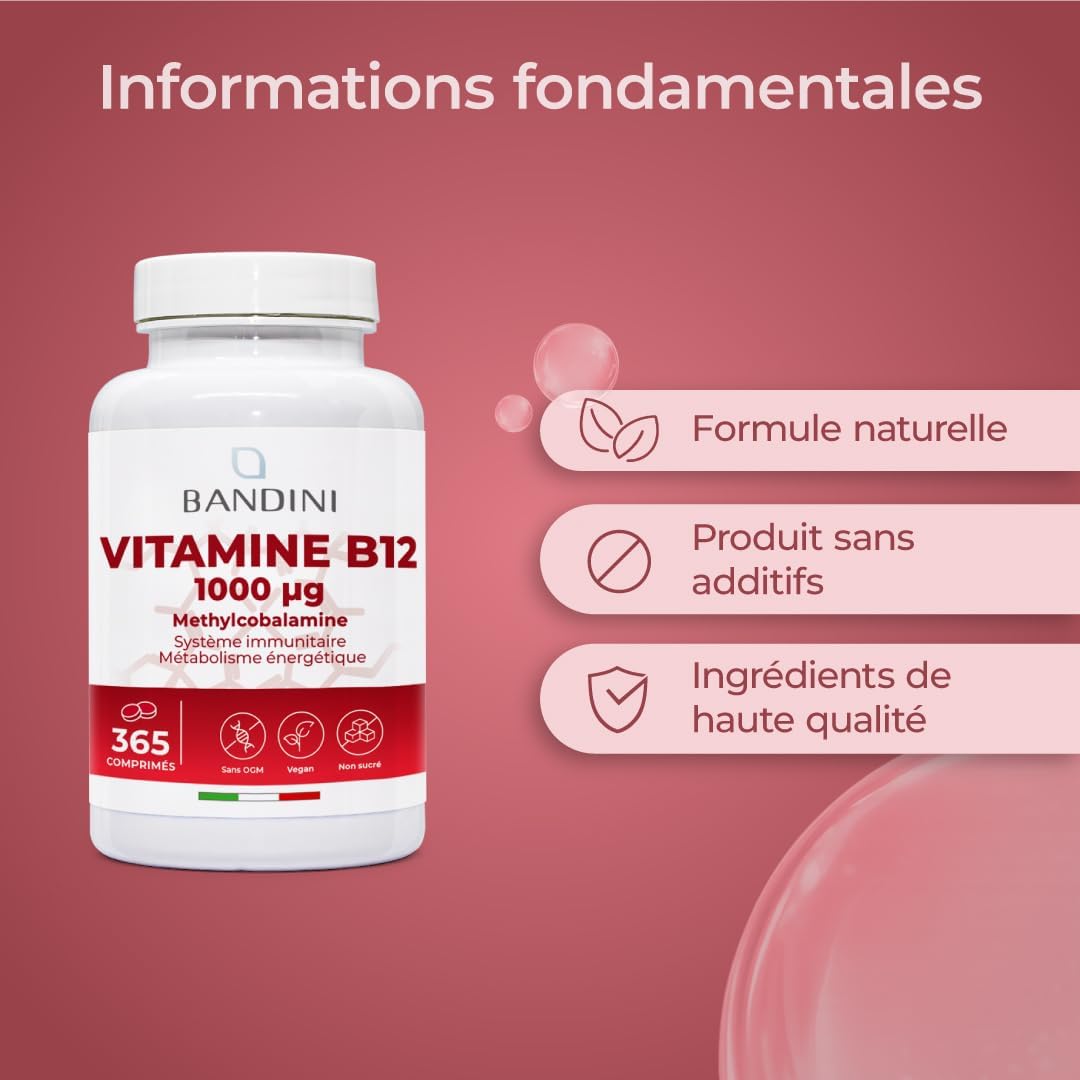 Bandini® Vitamin B12 Vegan 1000 mcg 365 Tablets, 12 Months Intake, Vitamin B 12 Methylcobalamin Bioavailable High Dosed, For Energy, Immunity and Fatigue, 100% Vegan No Additives - Image 7