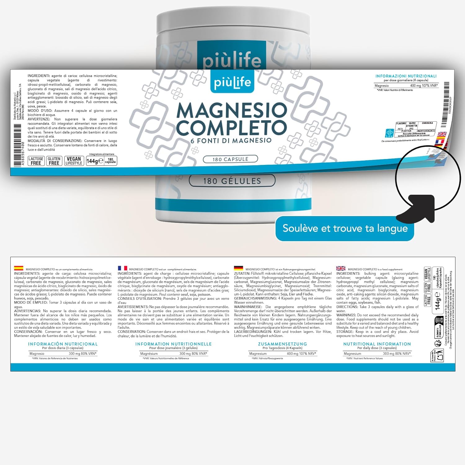 Magnesium Complex 6 Sources – 300 mg per day, High Bioavailability – 180 PiùLife Capsules with Magnesium Bisglycinate, Citrate, Pidolate – Energy, Sleep, Muscles - Image 8