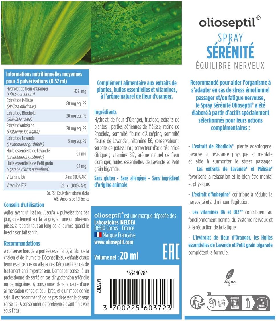 OLIOSEPTIL - Serenity Spray - Rhodiola, Lavender, Lemon Balm, Hawthorn & Orange Blossom Hydrosol - Vitamins B6 & B12 - Helps reduce stress and nervous fatigue - Mouth spray 20 ml - Image 3
