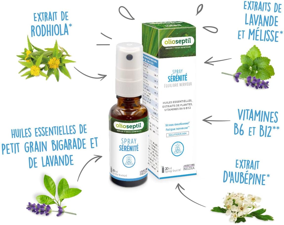 OLIOSEPTIL - Serenity Spray - Rhodiola, Lavender, Lemon Balm, Hawthorn & Orange Blossom Hydrosol - Vitamins B6 & B12 - Helps reduce stress and nervous fatigue - Mouth spray 20 ml - Image 5