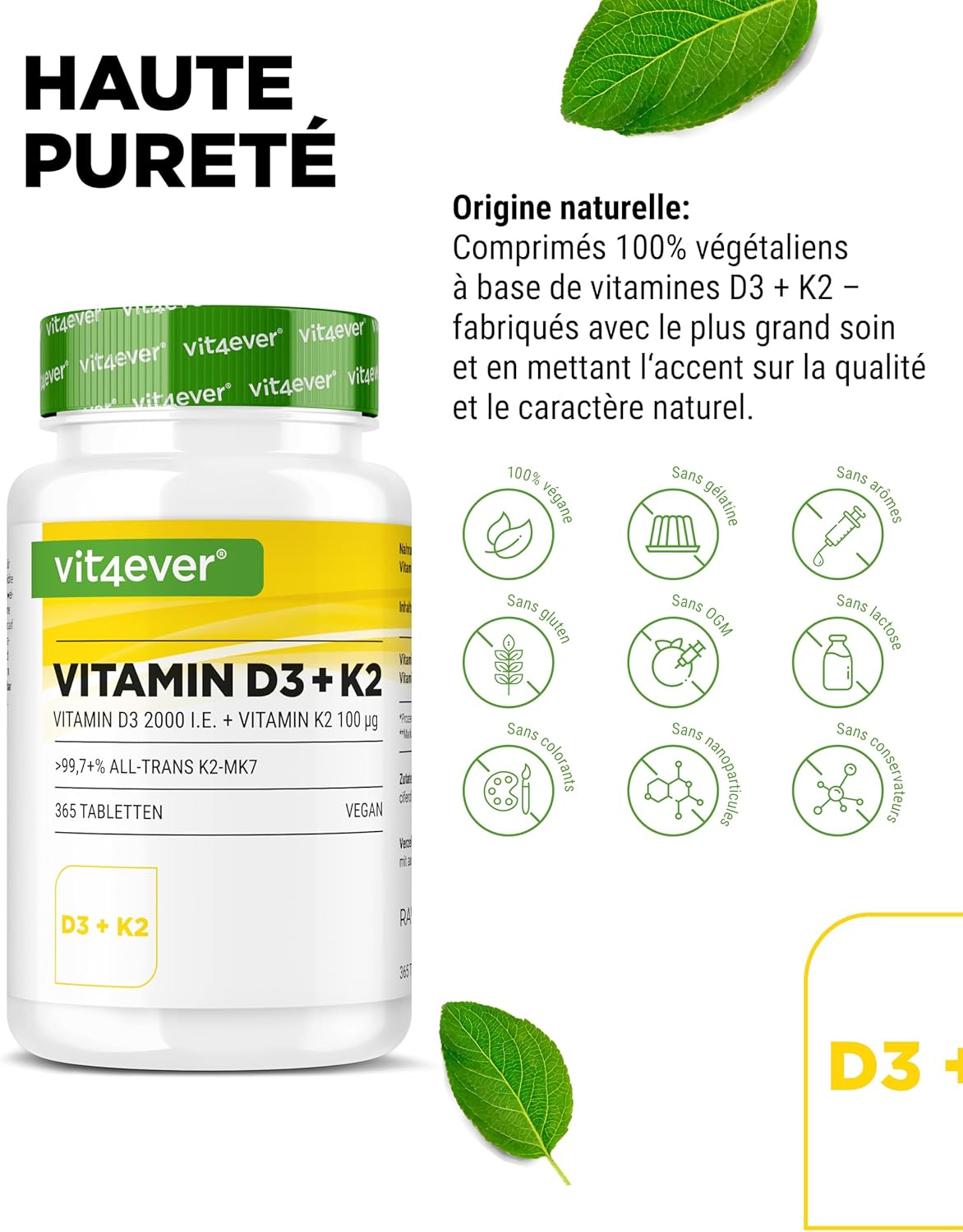 vit4ever Vitamin D3 + K2-365 Tablets - 99.7% All-Trans MK-7 and 2000 IU Vitamin D3 - Premium Raw Material RAW D3® - Highly Dosed, Optimal Bioavailability, Vegan - Image 4