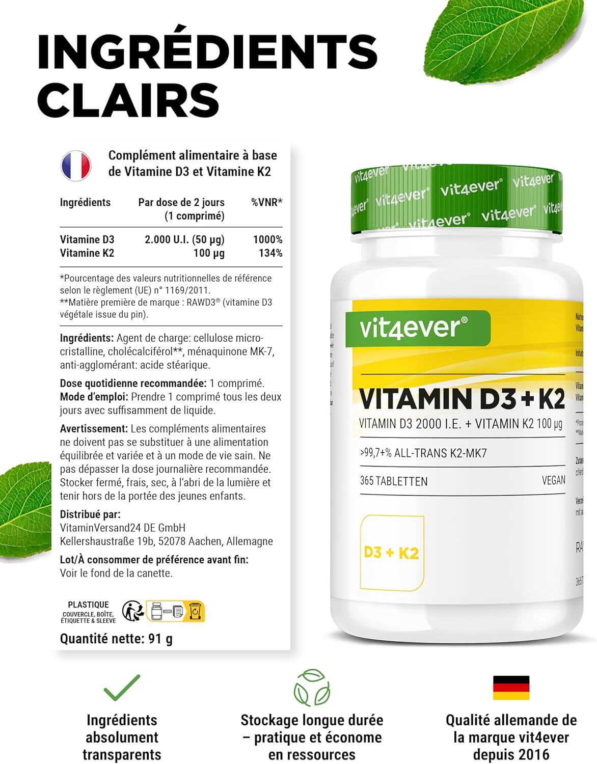 vit4ever Vitamin D3 + K2-365 Tablets - 99.7% All-Trans MK-7 and 2000 IU Vitamin D3 - Premium Raw Material RAW D3® - Highly Dosed, Optimal Bioavailability, Vegan - Image 6