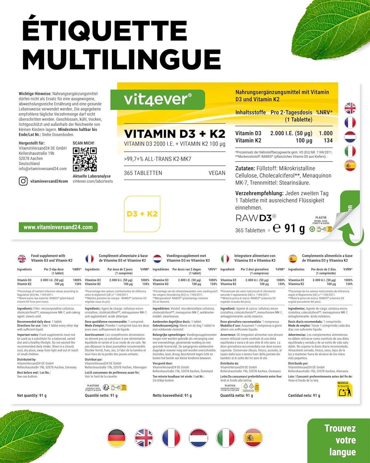 vit4ever Vitamin D3 + K2-365 Tablets - 99.7% All-Trans MK-7 and 2000 IU Vitamin D3 - Premium Raw Material RAW D3® - Highly Dosed, Optimal Bioavailability, Vegan - Image 7