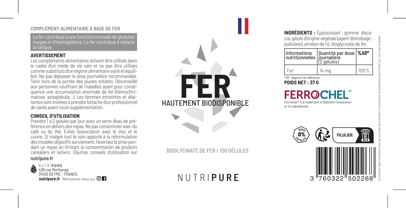 Nutripure | Iron Bisglycinate 14 mg High Quality FERROCHEL | High Absorption | Anti-Fatigue & Immune System Strengthening Dietary Supplement | 120 Vegetable Capsules | Vegan | Made in France - Image 7