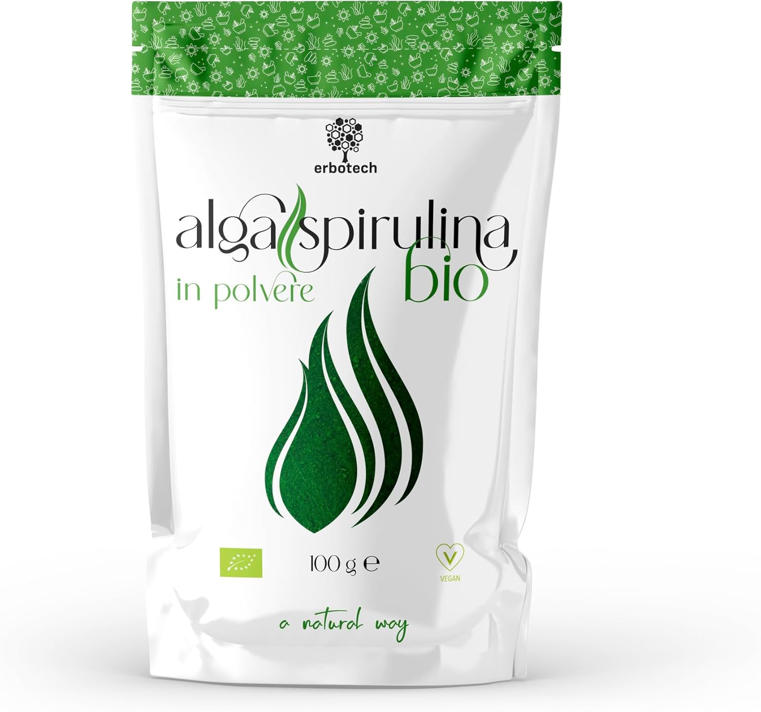 ERBOTECH Organic Spirulina Powder, 100 g Bag, Rich in Protein, Calcium and Vitamins, Rich in Nutrients, Organic Support, Vegan, Made in Italy - Image 2