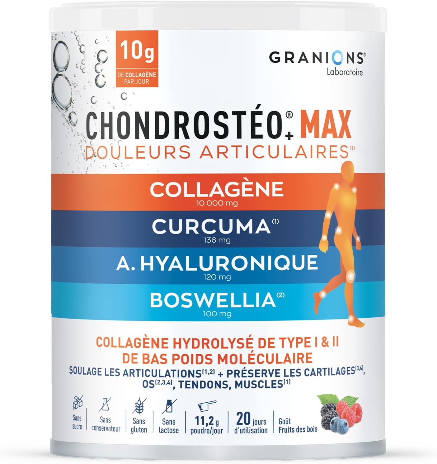 GRANIONS CHONDROSTEO+ MAX COLLAGENE 225 g, Collagen and Hyaluronic Acid + Turmeric + Boswellia - Joints, Muscle, Tendons, Cartilage, Bones - Wild Fruit Tastes - 20 Days - Image 2