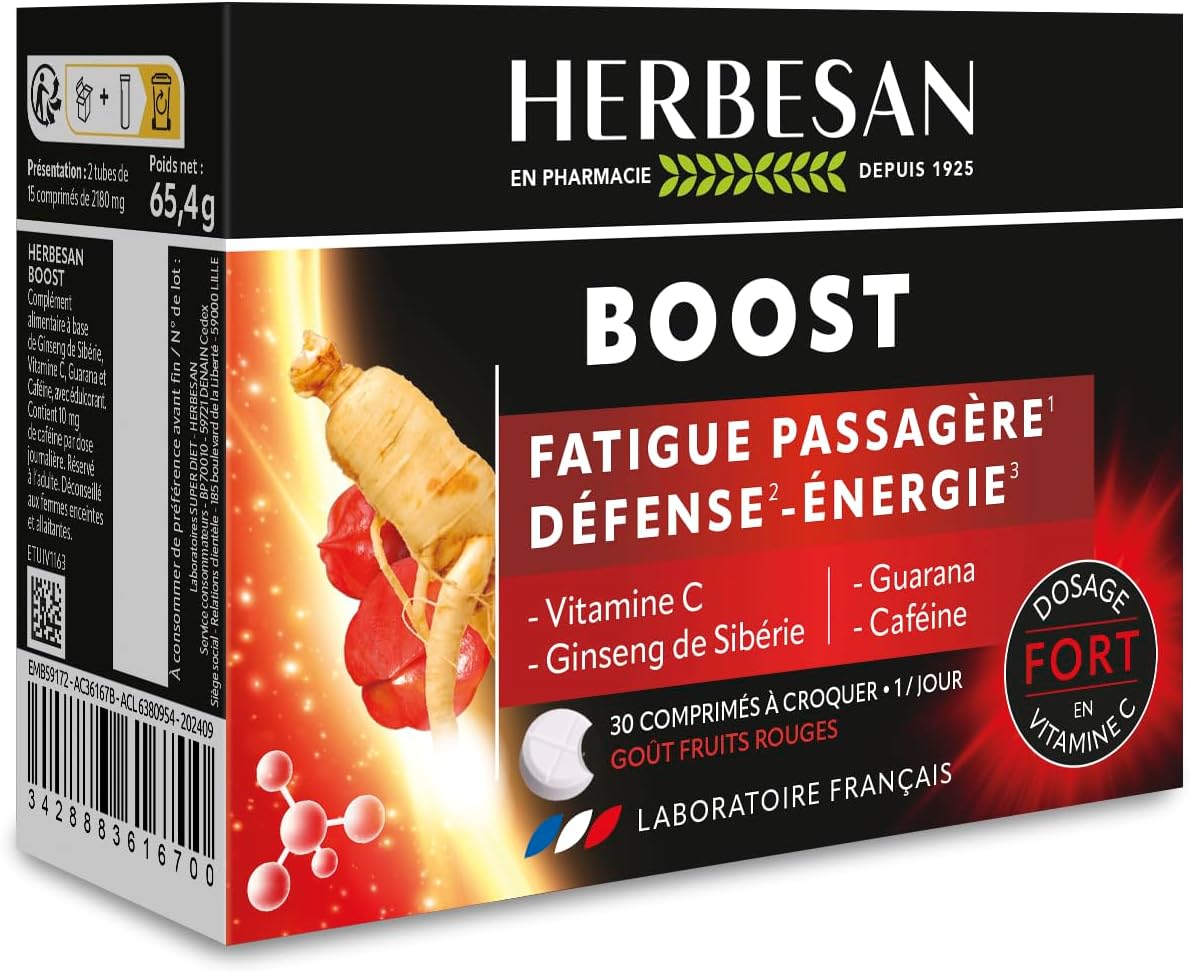 HERBESAN - BOOST COMPLEX - 3 ACTIVES including caffeine - Boost effect - Red fruit taste - Made in France - 30 chewable tablets - Image 2