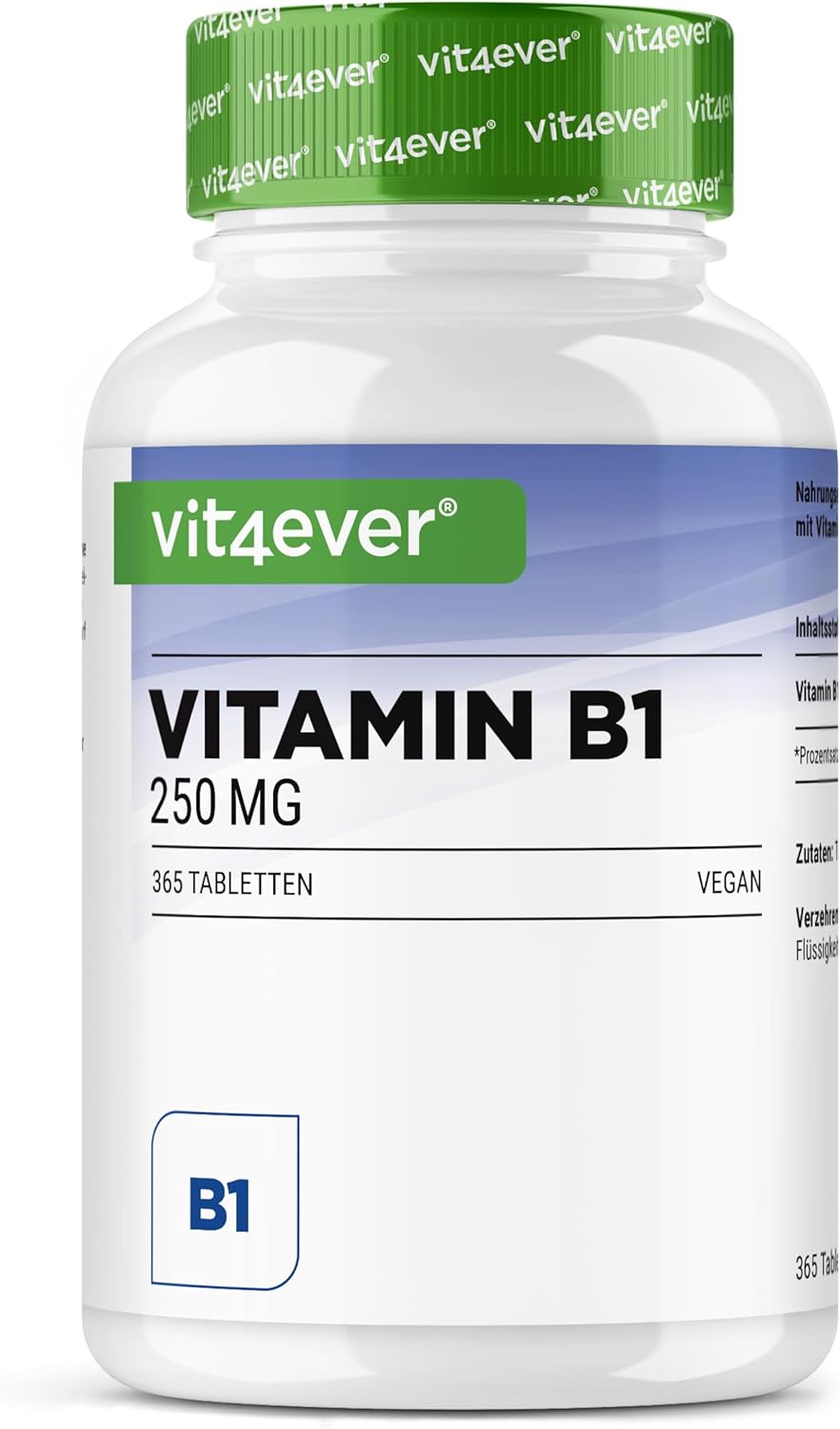 Vitamin B1 (Thiamine) - 250 mg - 365 Tablets - Premium: Thiamine Hydrochloride - High bioavailability - 12 months reserve - No unwanted additives - Vegan - Image 2