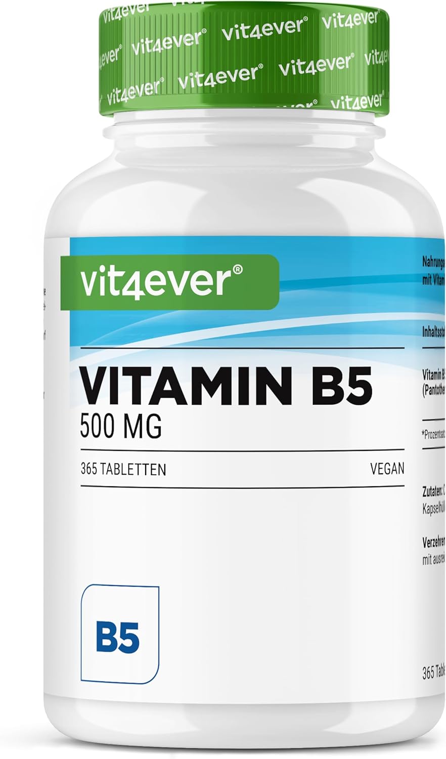 vit4ever Vitamin B5 (Pantothenic Acid) - 500 mg - 365 Tablets - 1 Year Reserve - High Dosed - No Additives - Vegan - Image 2