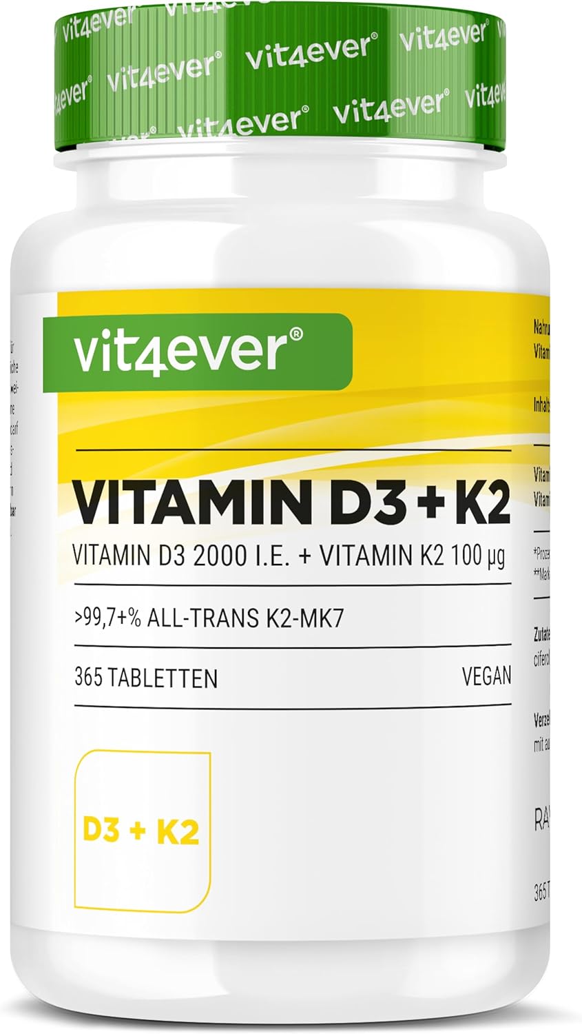 vit4ever Vitamin D3 + K2-365 Tablets - 99.7% All-Trans MK-7 and 2000 IU Vitamin D3 - Premium Raw Material RAW D3® - Highly Dosed, Optimal Bioavailability, Vegan - Image 2