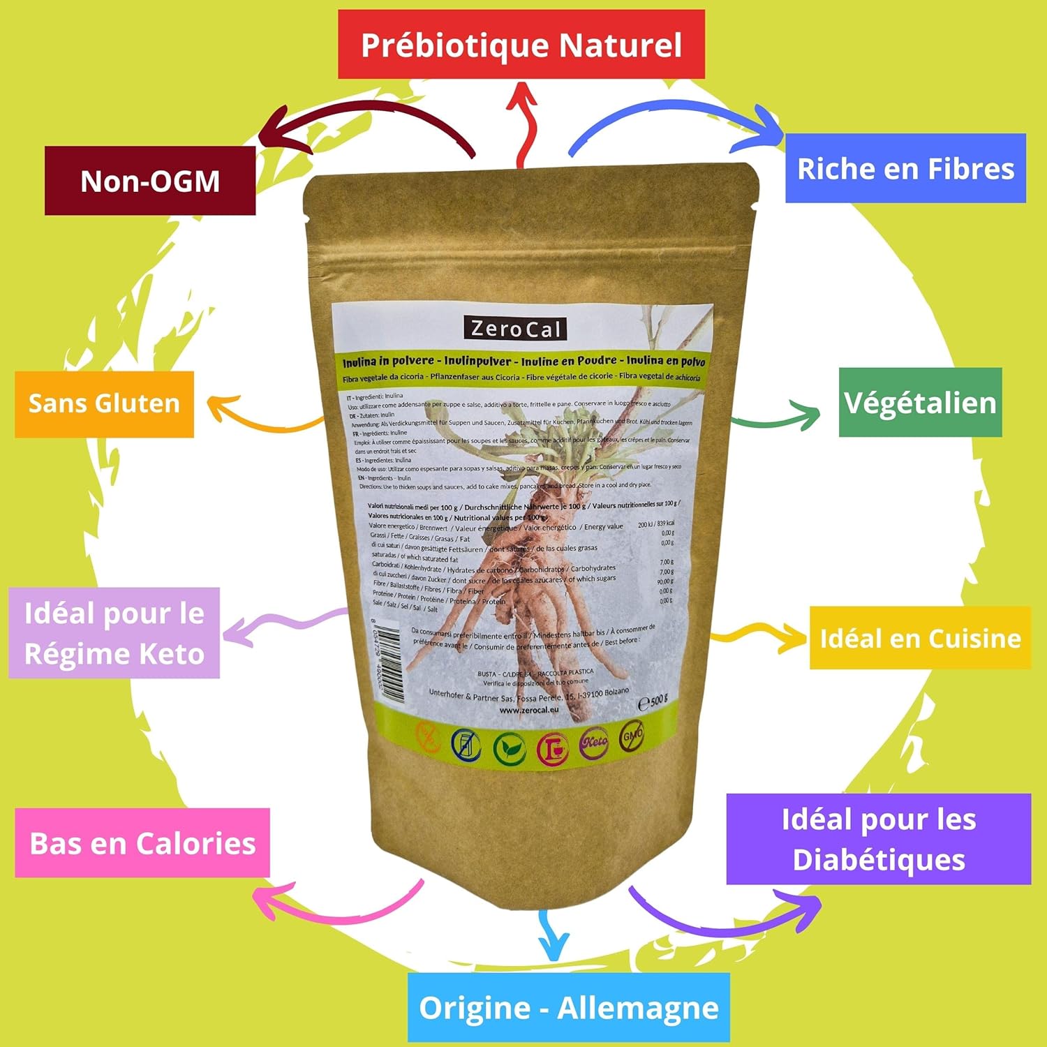 ZeroCal - Inulin Powder 500 g | Naturally Derived from Chicory Root | Natural Prebiotic - 90% Fibres - Gluten Free | Superior Quality | Origin Europe - Image 4