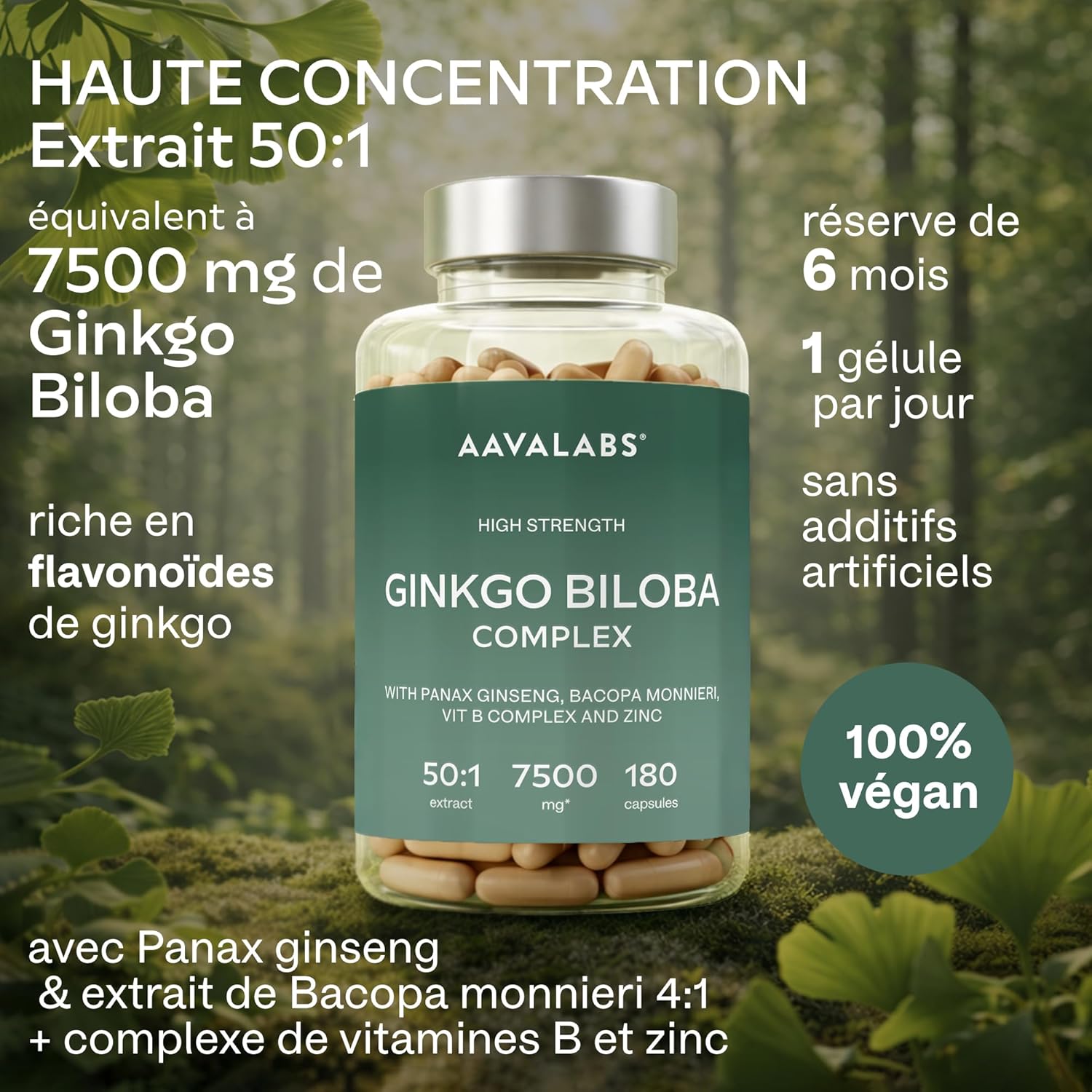 Ginkgo Biloba 7500mg 50:1 with Panax Red Korean Ginseng, Bacopa Monnieri, Zinc, Vitamin B Complex - Powerful Nootropic Blood Circulation, Memory and Concentration, Energy - 180 Capsules - Image 3