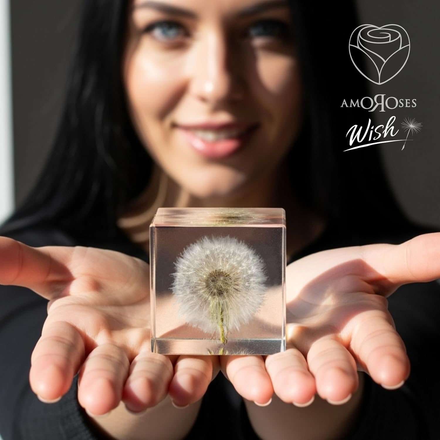 Amoroses WISH Real Dandelion Preserved in Clear Resin Cube, Head Flower in Elegant Packaging, Original Gift Idea for Decoration, Express a Wish - Image 3