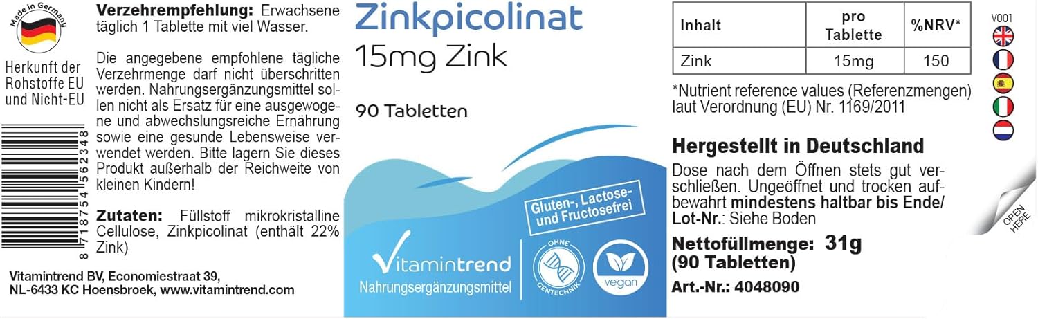 Vitamintrend High dosed zinc 15 mg from zinc picolinate, 90 tablets, easy to swallow, vegan dietary supplement without magnesium stearate, made in Germany - Image 3