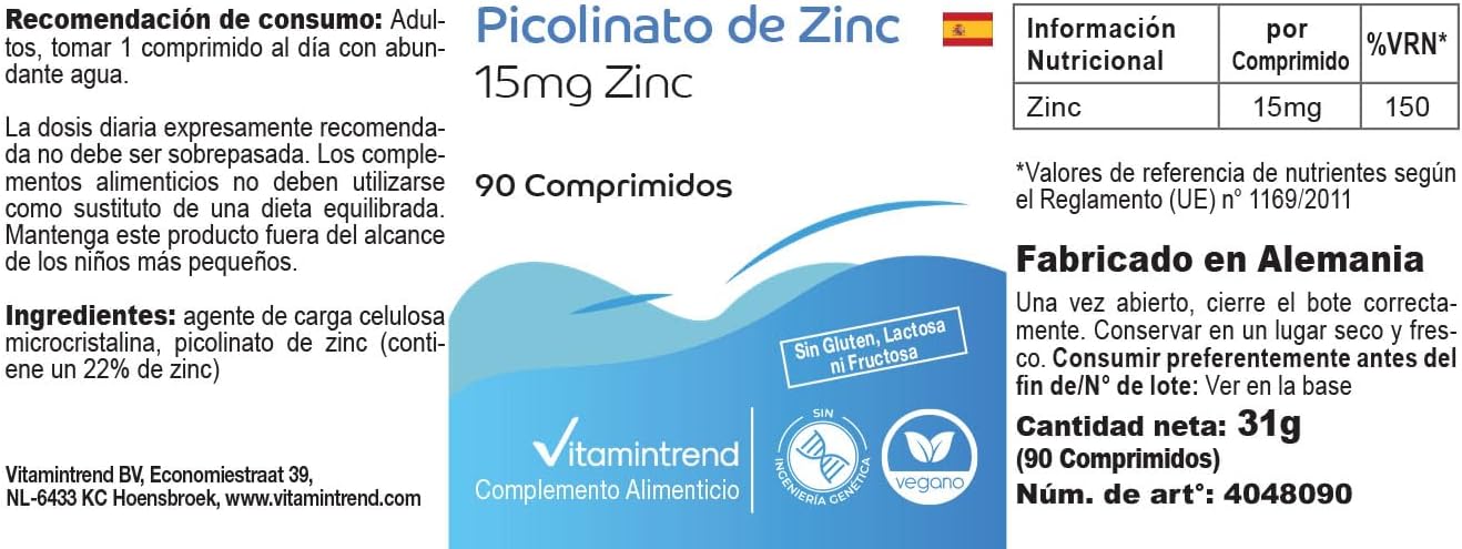 Vitamintrend High dosed zinc 15 mg from zinc picolinate, 90 tablets, easy to swallow, vegan dietary supplement without magnesium stearate, made in Germany - Image 4