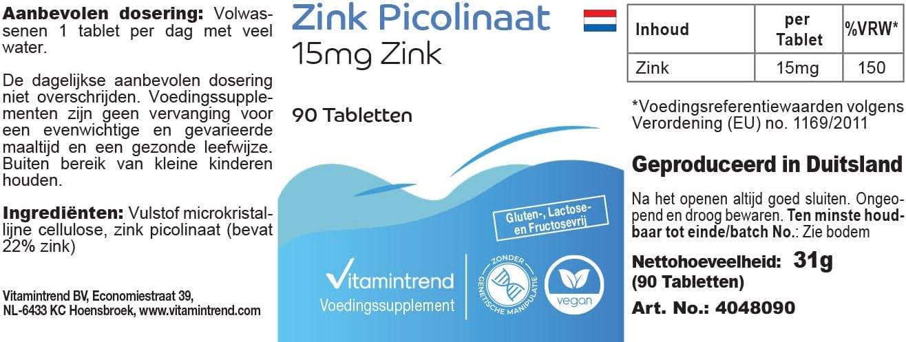 Vitamintrend High dosed zinc 15 mg from zinc picolinate, 90 tablets, easy to swallow, vegan dietary supplement without magnesium stearate, made in Germany - Image 7