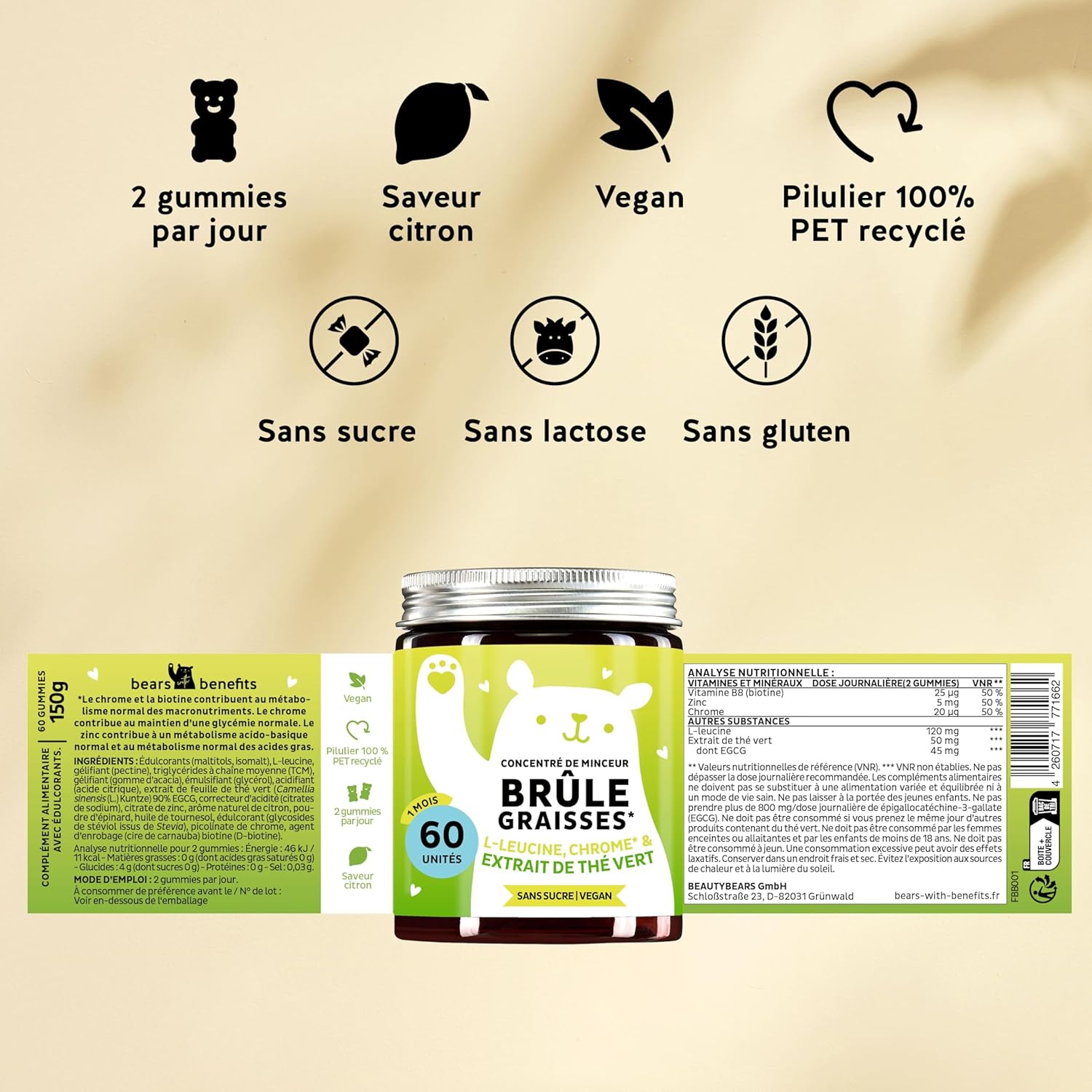 Gummies Nutrient Complex – Slimming Concentrate Gummies With Chrome, Biotin, Zinc, L-Leucine & Green Tea Extract – 60 units (1 month), Vegan, Sugar Free, Bears With Benefits - Image 7