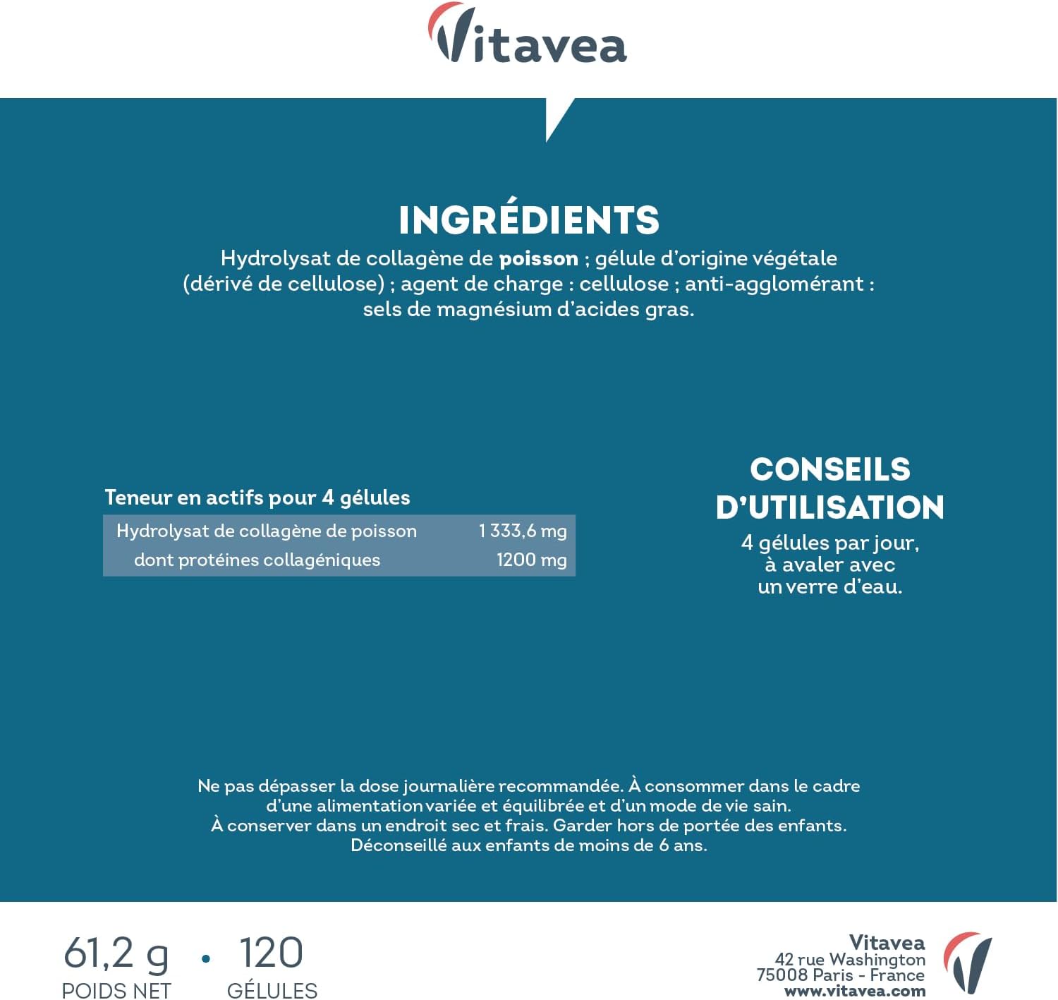 Hydrolyzed Marine Collagen 1200 mg - Source of Collagen 100% Pure, Types I & III - 120 Capsules - Hydrolyzed Collagen Peptides - Skin Elasticity & Firmness - Made in France - Vitavea - Image 8