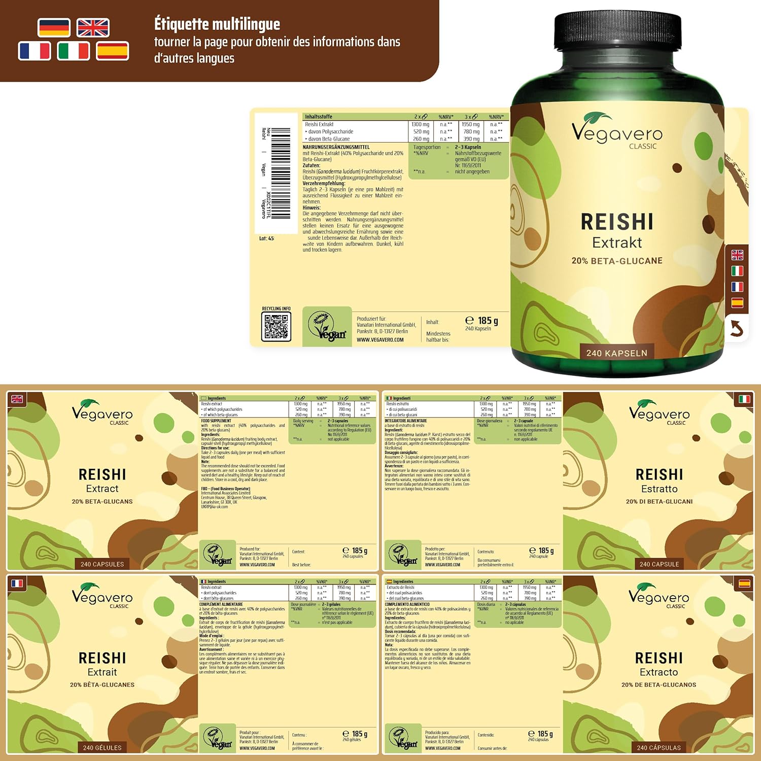Reishi Vegavero EXTRACT | 240 Capsules | 1950 mg (Extract 14:1) | 40% Polysaccharides + 20% Beta Glucan | Immunity + Energy | VEGAN - Image 3