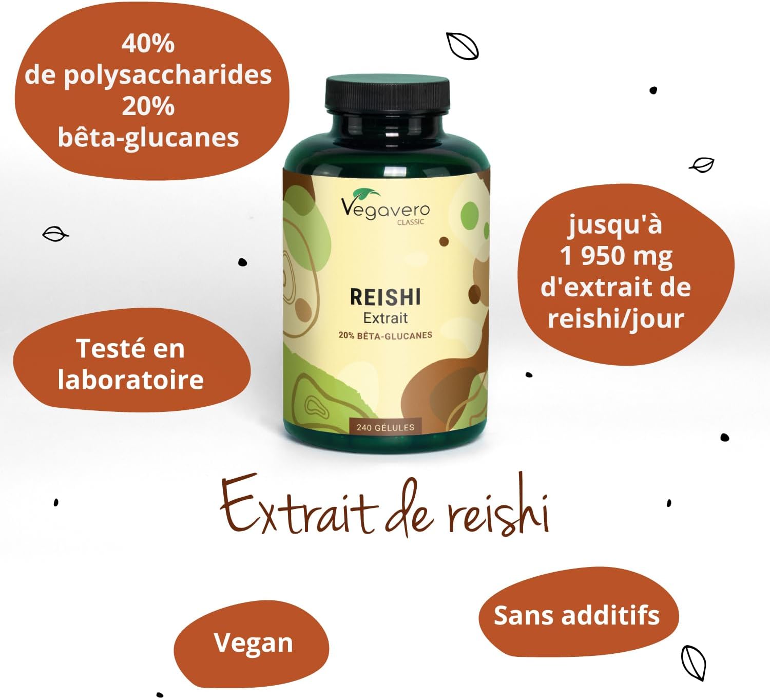 Reishi Vegavero EXTRACT | 240 Capsules | 1950 mg (Extract 14:1) | 40% Polysaccharides + 20% Beta Glucan | Immunity + Energy | VEGAN - Image 5
