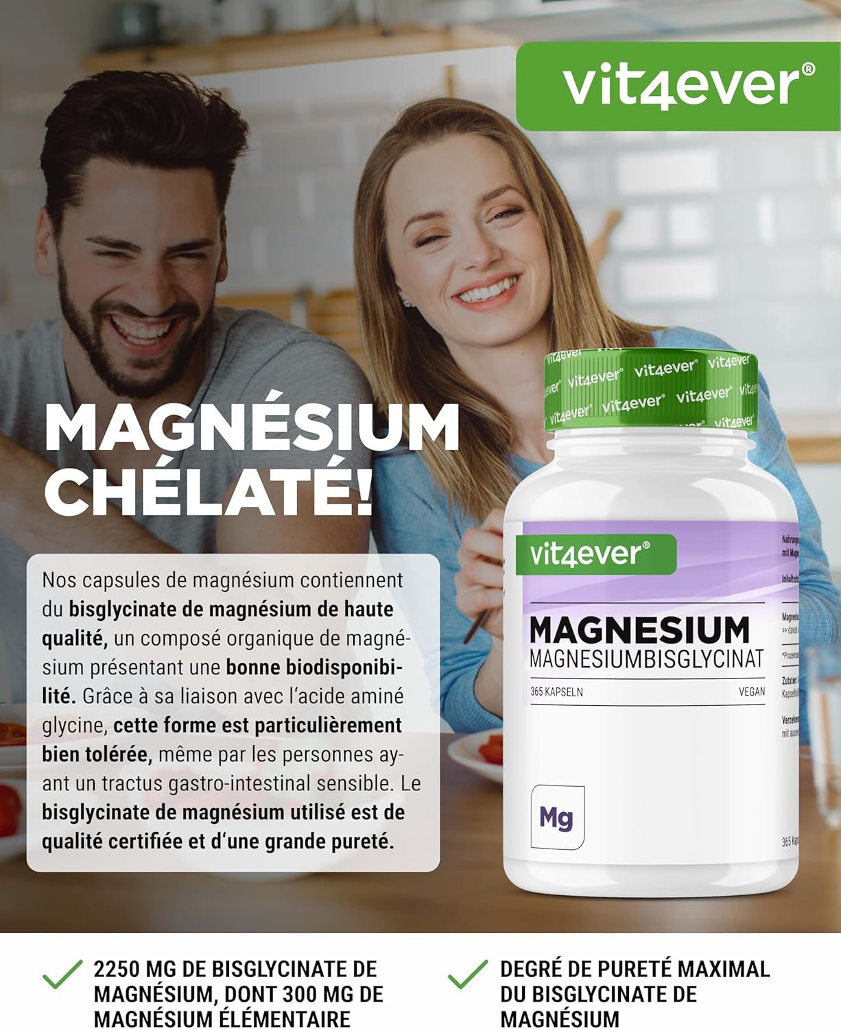 Magnesium Bisglycinate - 365 Capsules - 300 mg of Elemental Magnesium per Daily Dose - Premium: Chelated Magnesium - Vegan - High Dosed - Image 3