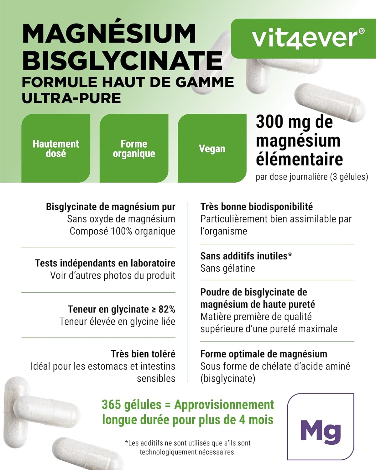 Magnesium Bisglycinate - 365 Capsules - 300 mg of Elemental Magnesium per Daily Dose - Premium: Chelated Magnesium - Vegan - High Dosed - Image 4