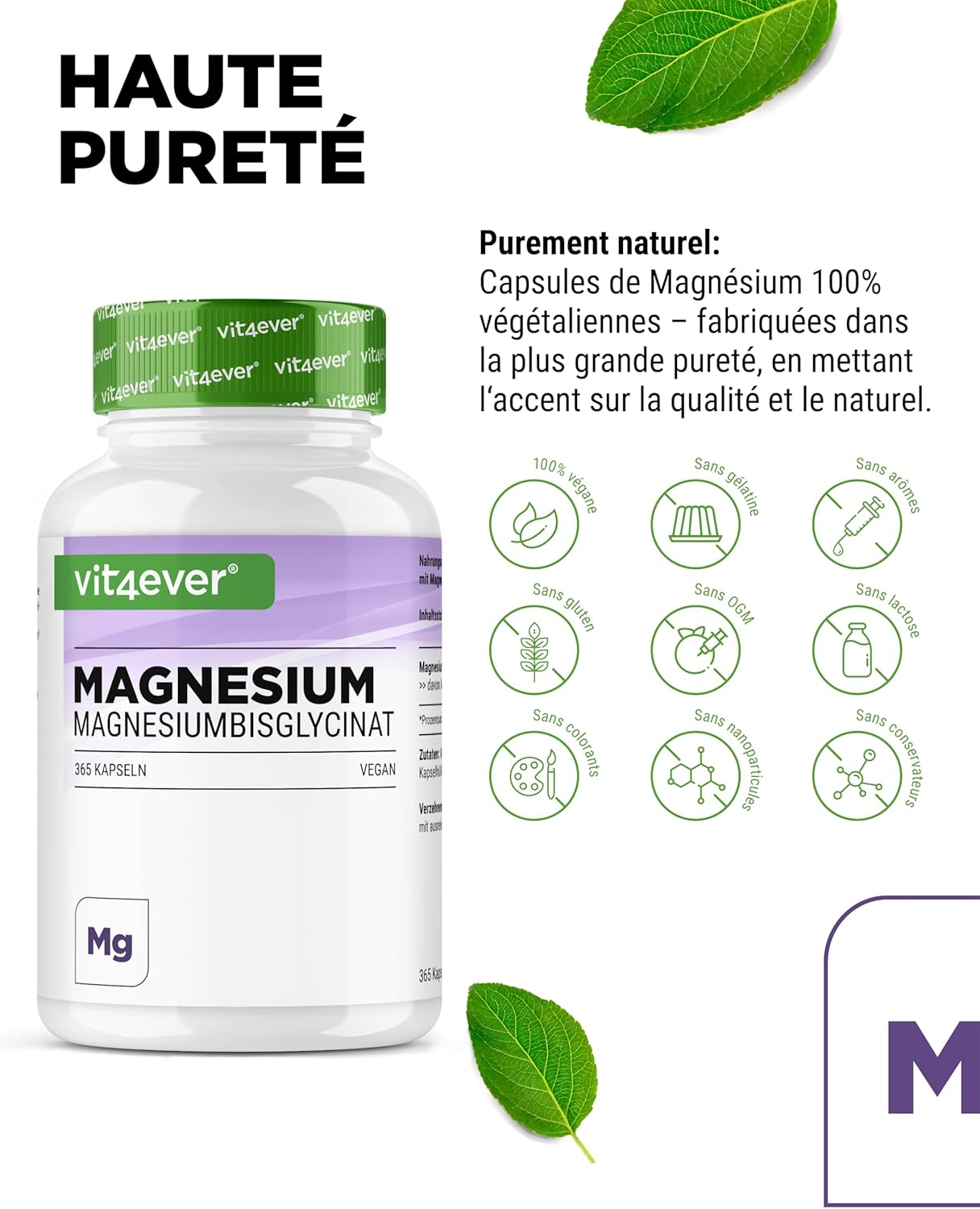 Magnesium Bisglycinate - 365 Capsules - 300 mg of Elemental Magnesium per Daily Dose - Premium: Chelated Magnesium - Vegan - High Dosed - Image 5