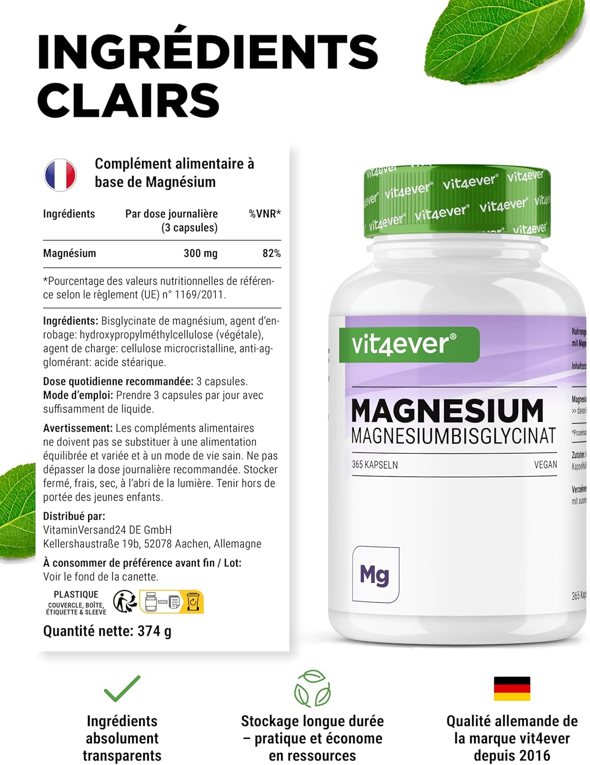 Magnesium Bisglycinate - 365 Capsules - 300 mg of Elemental Magnesium per Daily Dose - Premium: Chelated Magnesium - Vegan - High Dosed - Image 7