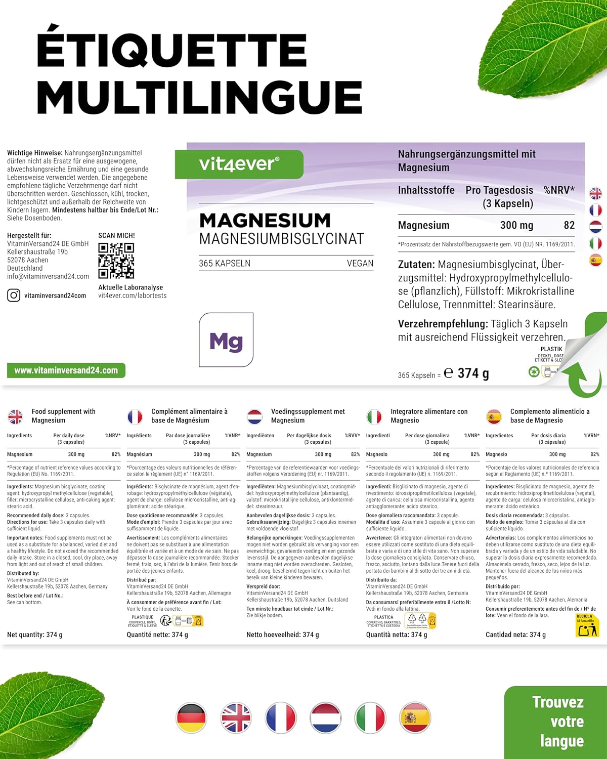 Magnesium Bisglycinate - 365 Capsules - 300 mg of Elemental Magnesium per Daily Dose - Premium: Chelated Magnesium - Vegan - High Dosed - Image 8