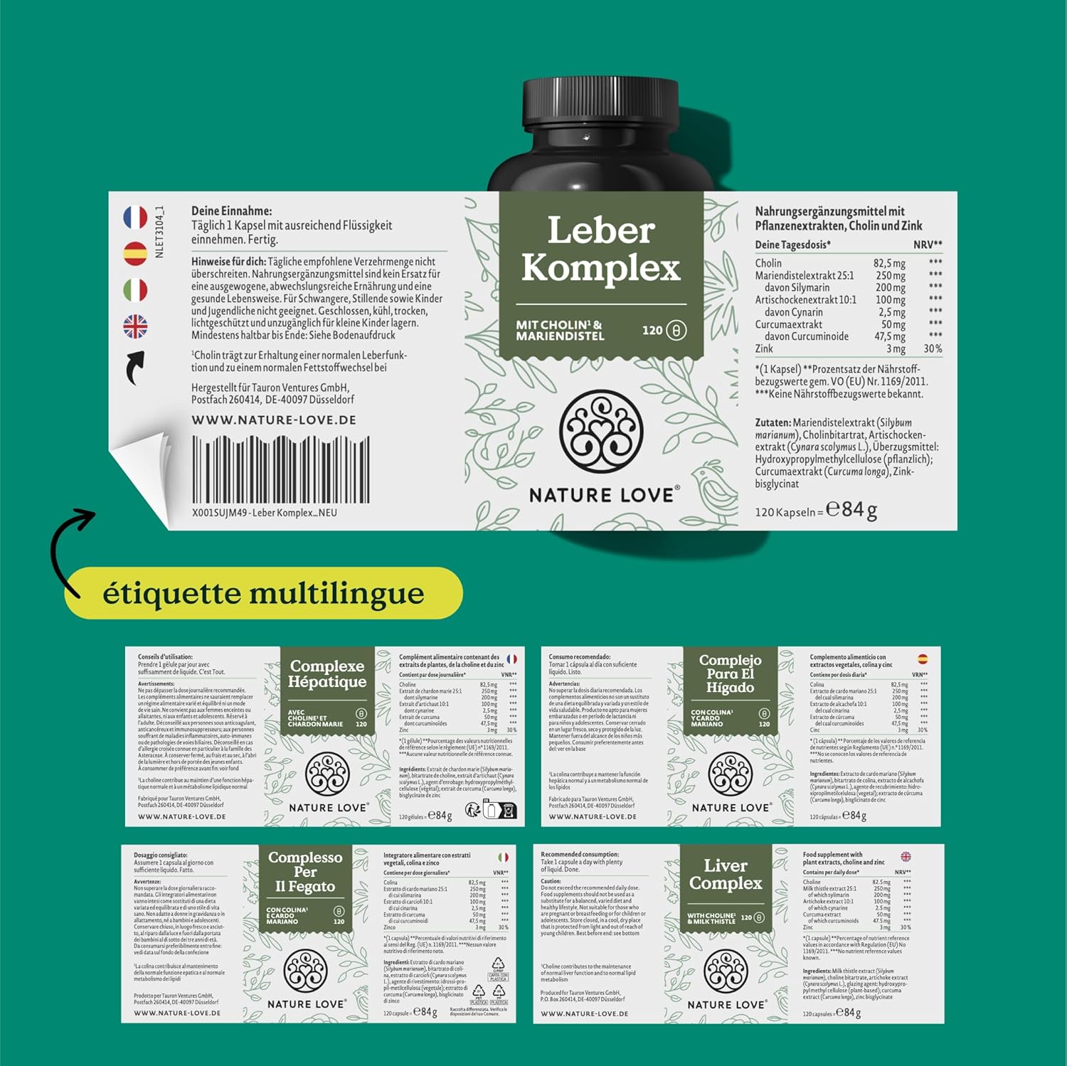 NATURE LOVE® Liver Complex - 120 capsules - with milk thistle, choline, artichoke extract, turmeric & zinc - highly dosed, vegan, laboratory tested and produced in Germany - Image 6