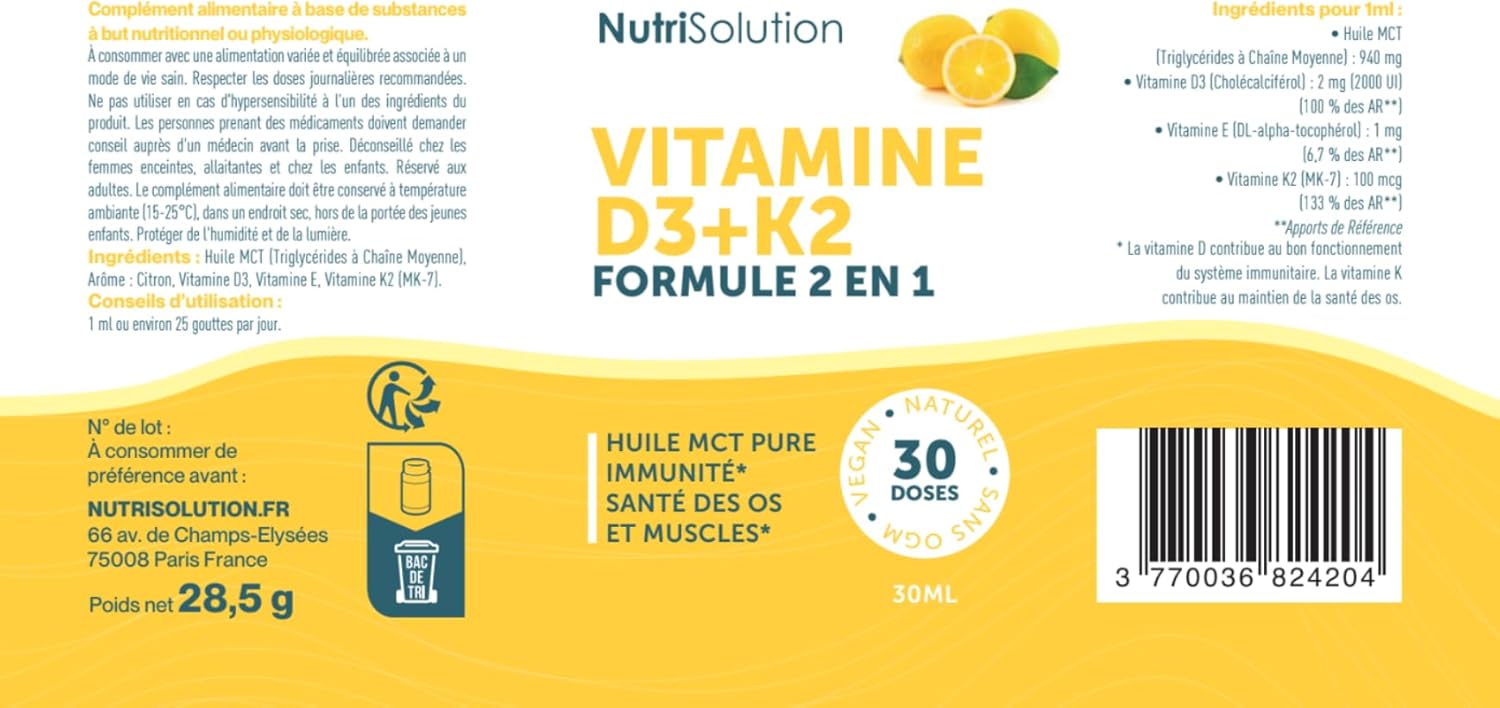 Vitamin D3+K2 by Nutrisolution: Premium Liquid Drops - Strengthens Bones and Muscles - Boosts Energy and Immunity - 30 ml - Made in France (1) - Image 3
