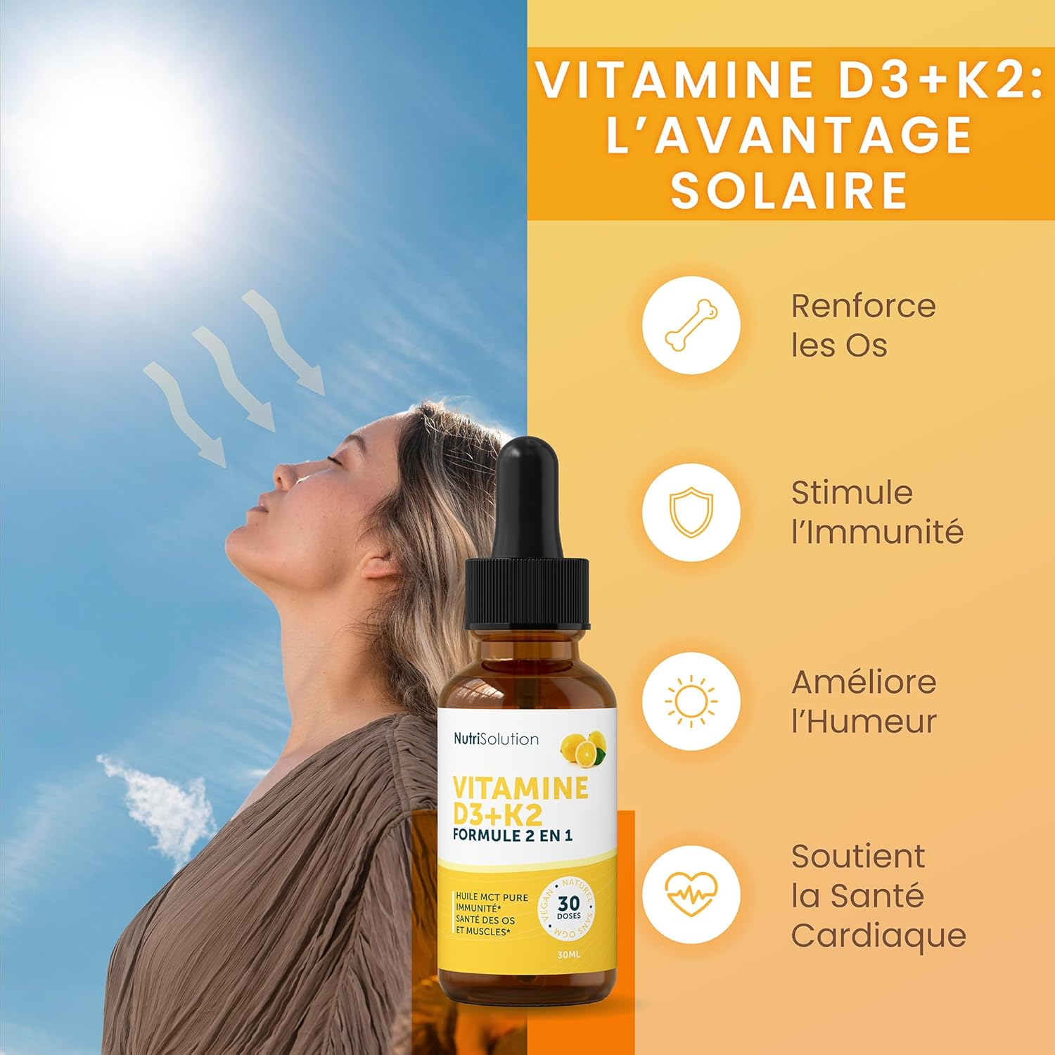 Vitamin D3+K2 by Nutrisolution: Premium Liquid Drops - Strengthens Bones and Muscles - Boosts Energy and Immunity - 30 ml - Made in France (1) - Image 4