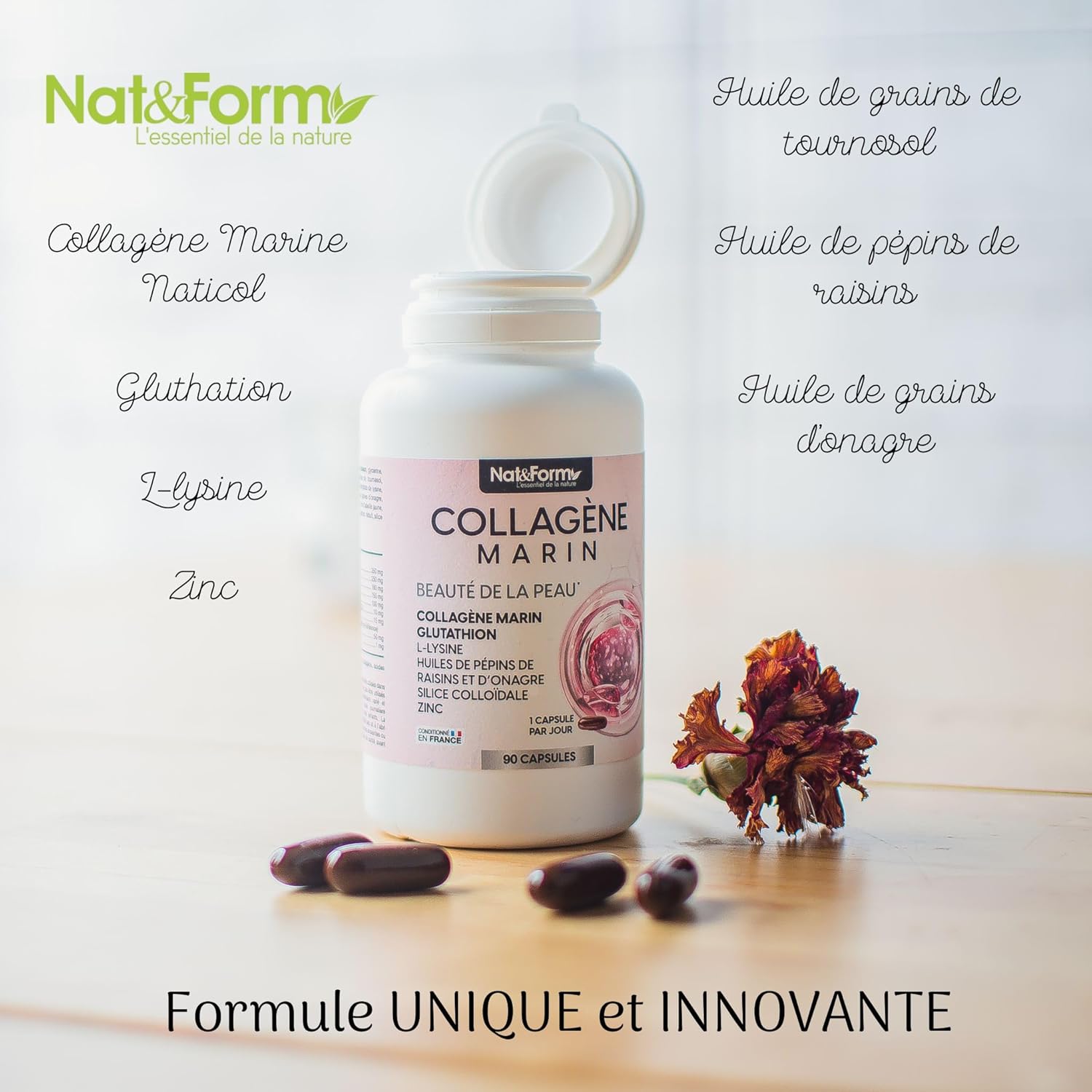 Marine Collagen - Skin Beauty - 90 Capsules | Glutathione, L-Lysine, Grape Seed & Evening Primrose Oils, Colloidal Silica, Zinc | Nat&Form - Image 3