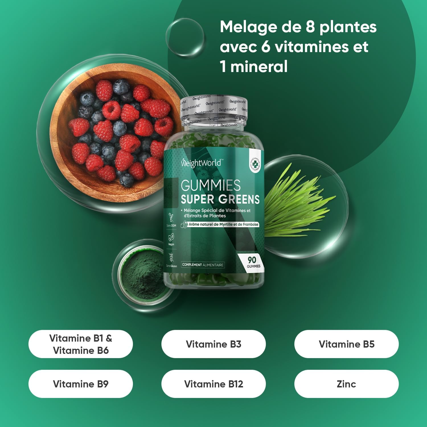 Super Green Powder in Gummies - 90 Vegan Gummies, Natural Blueberry & Raspberry Flavour, Superfood Greens with B Vitamins, Zinc, Moringa, Chlorella (Chlorophyll), Celery, Artichoke, Parsley, Spinach - Image 3