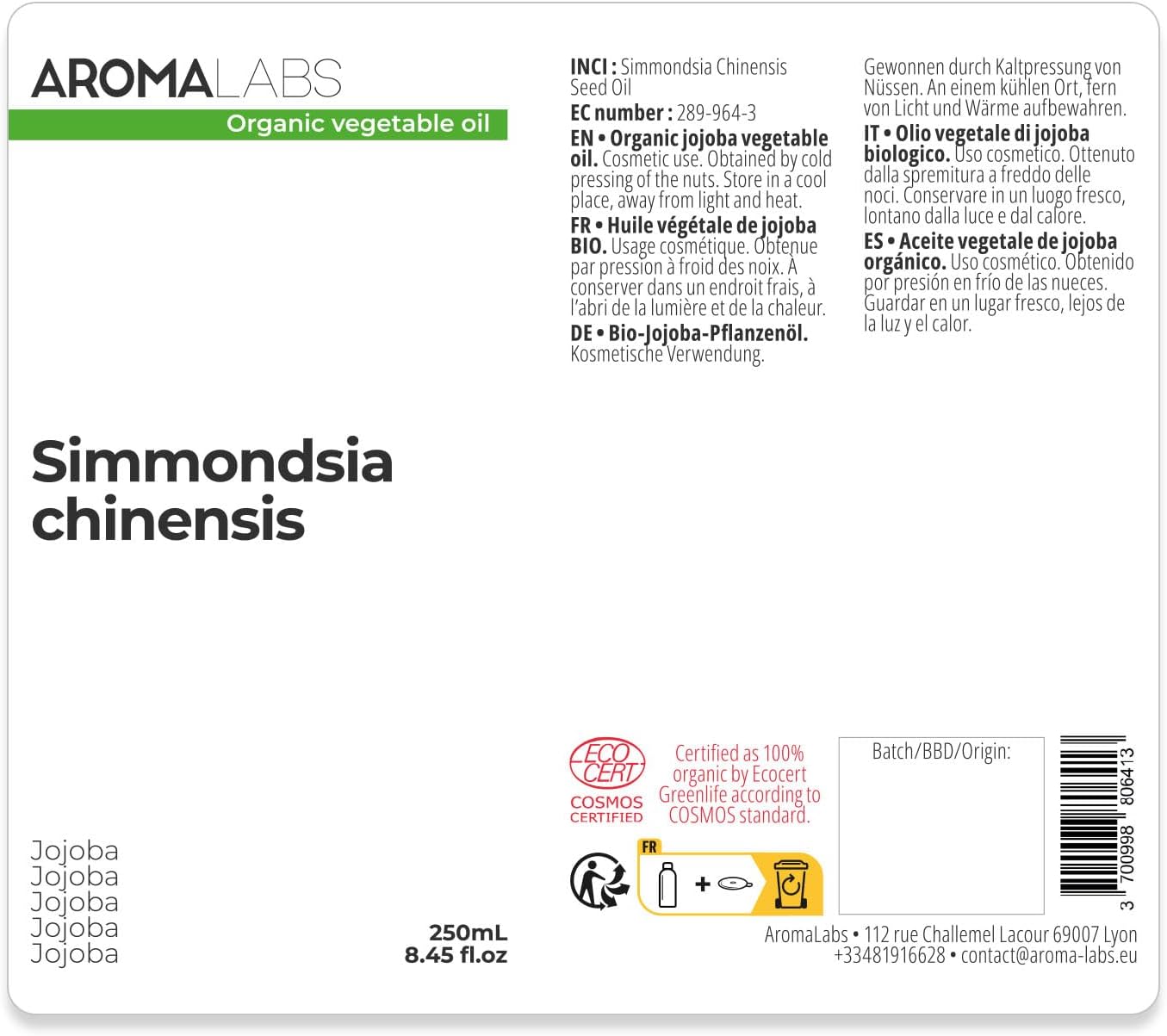 Jojoba Organic (Simmondsia chinensis) 250 ml Virgin and Cosmos Certified Vegetable Oil Aroma Labs Made in France - Image 3
