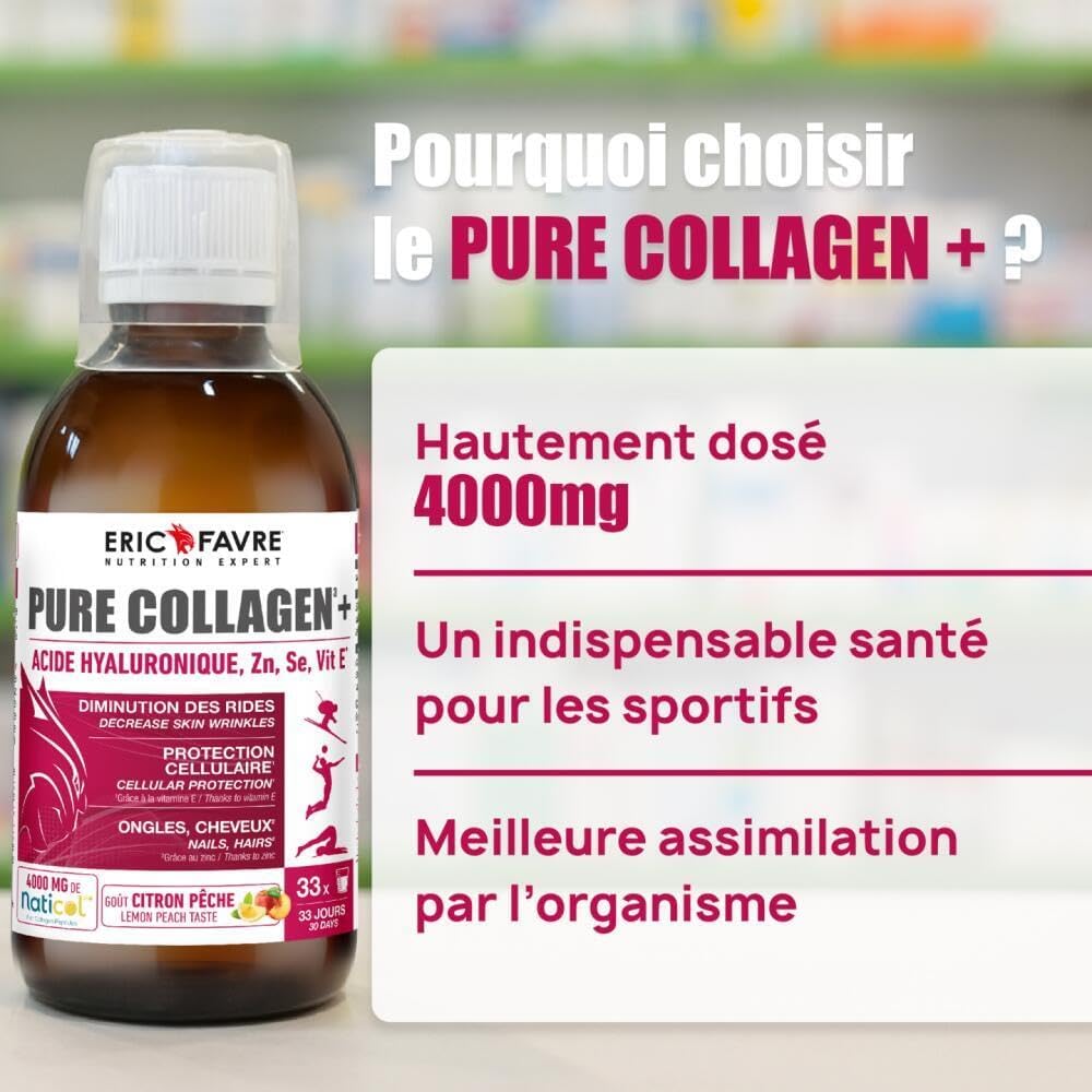 Pure Hydrolysed Marine Collagen + Hyaluronic Acid + Selenium + Vitamin E, Skin, Hair, Nails, Bones - Drink 500 ml - Peach / Lemon Flavour - Eric Favre - Image 3