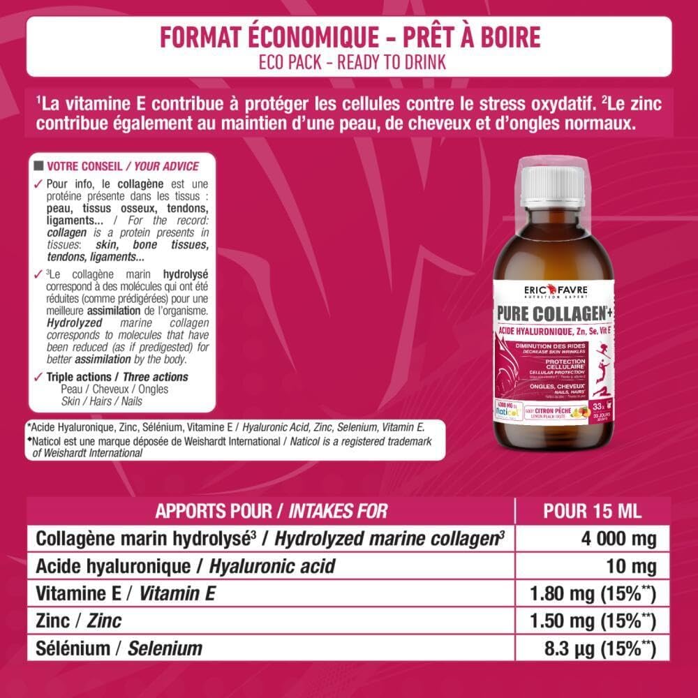 Pure Hydrolysed Marine Collagen + Hyaluronic Acid + Selenium + Vitamin E, Skin, Hair, Nails, Bones - Drink 500 ml - Peach / Lemon Flavour - Eric Favre - Image 6