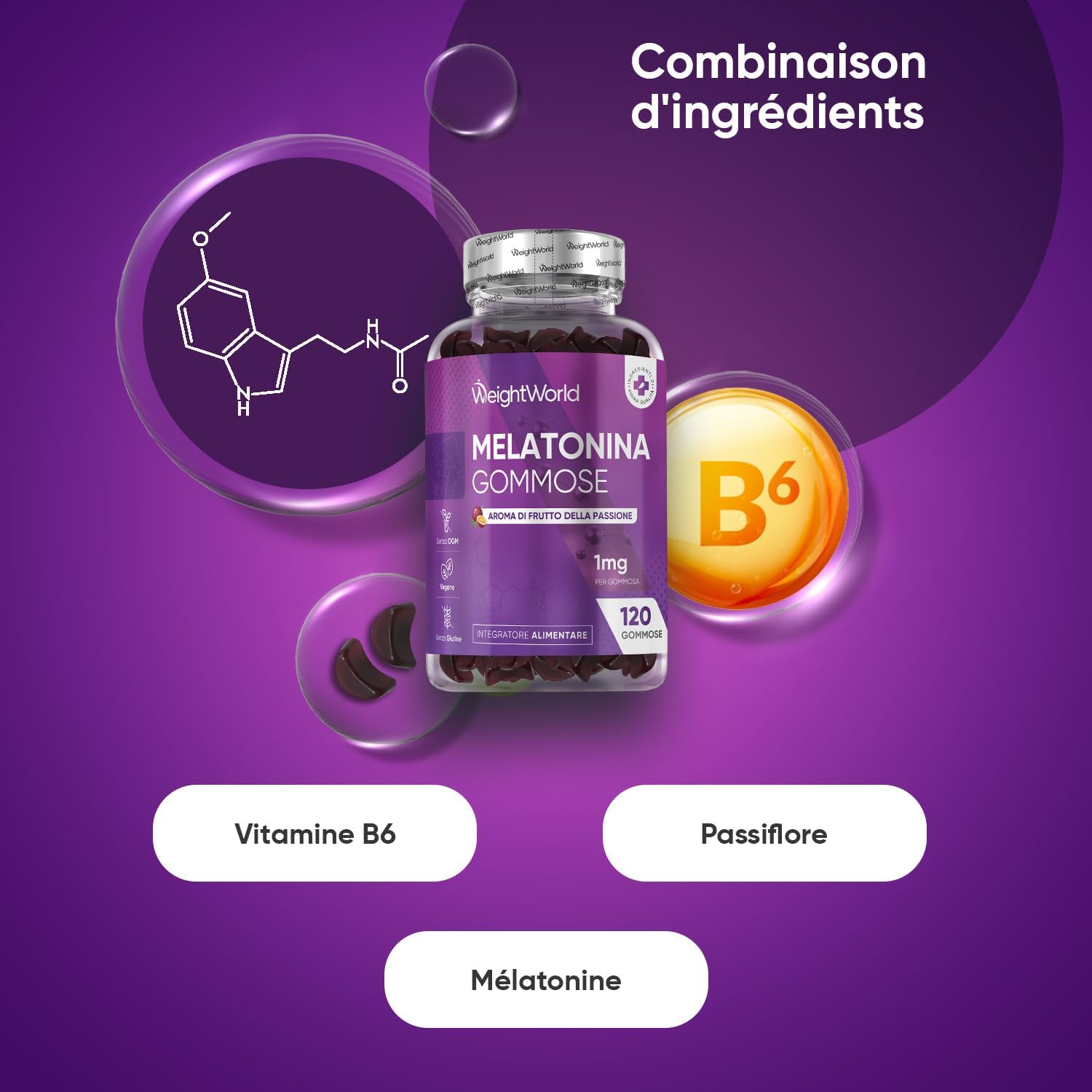 Melatonine Gummies - 120 Vegan Melatonin Gummies Low Sugar - Complex with Passion Flower & Vitamin B6 for Adults - Gluten, Lactose and Magnesium Stearate Free - Passion Fruit Flavour - Image 3