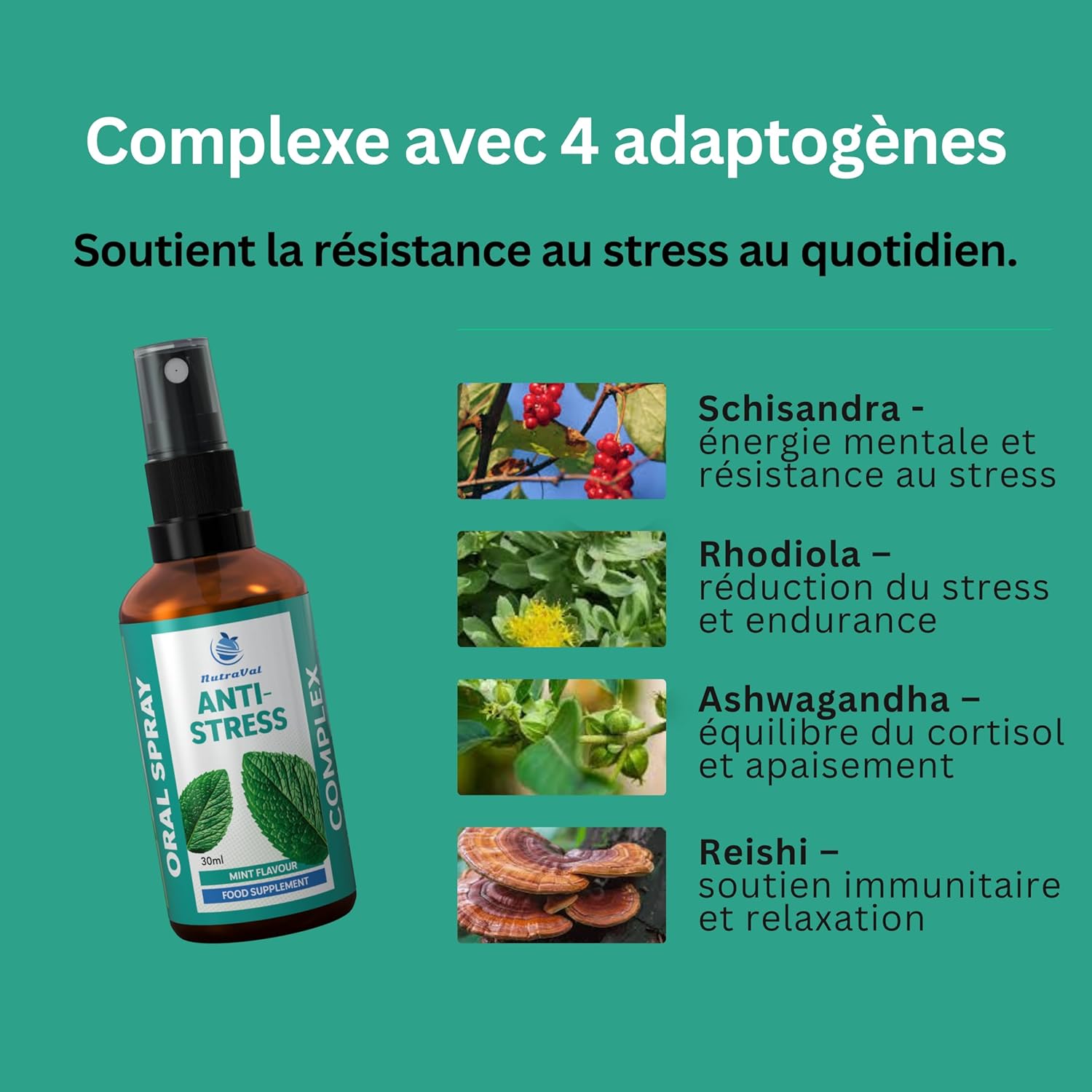 Anti-Stress Spray - Fast Absorption - No Tablets - With Ashwagandha, Rhodiola, Reishi & Schisandra - Vegan, 30 ml - Image 5