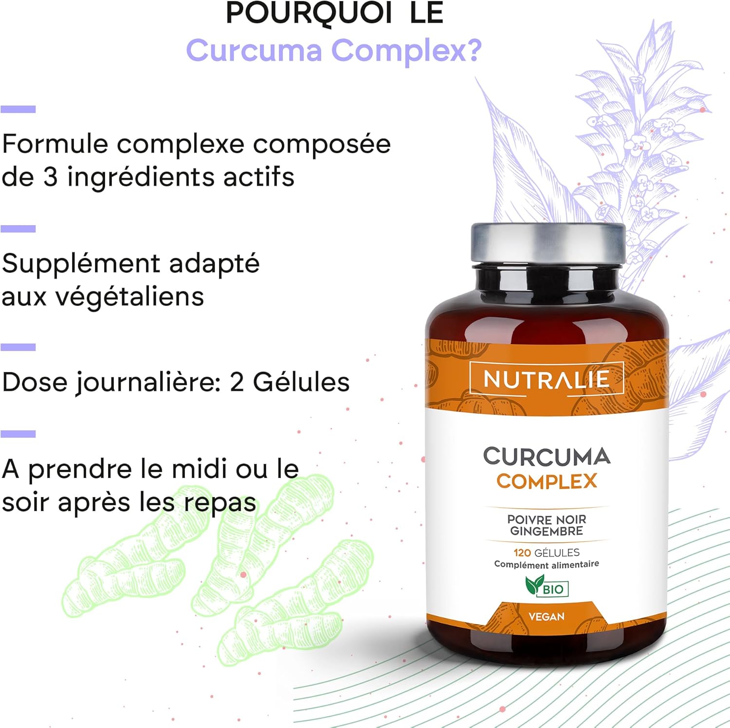 Organic Turmeric with Ginger + Black Pepper (1420 mg per dose) - Piperine + Curcumin + Black Pepper - 120 Capsules Nutralie - Image 4