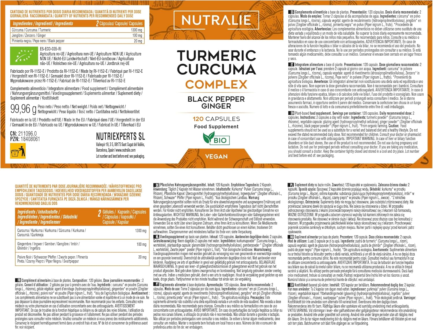 Organic Turmeric with Ginger + Black Pepper (1420 mg per dose) - Piperine + Curcumin + Black Pepper - 120 Capsules Nutralie - Image 7