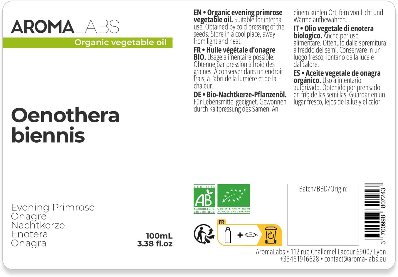Organic Evening Primrose (Oenothera Biennis) - 100 ml - Virgin and AB Certified Vegetable Oil - Menstrual Cycle & Cardiovascular and Skin Health - Aroma Labs - Made in France - Image 3
