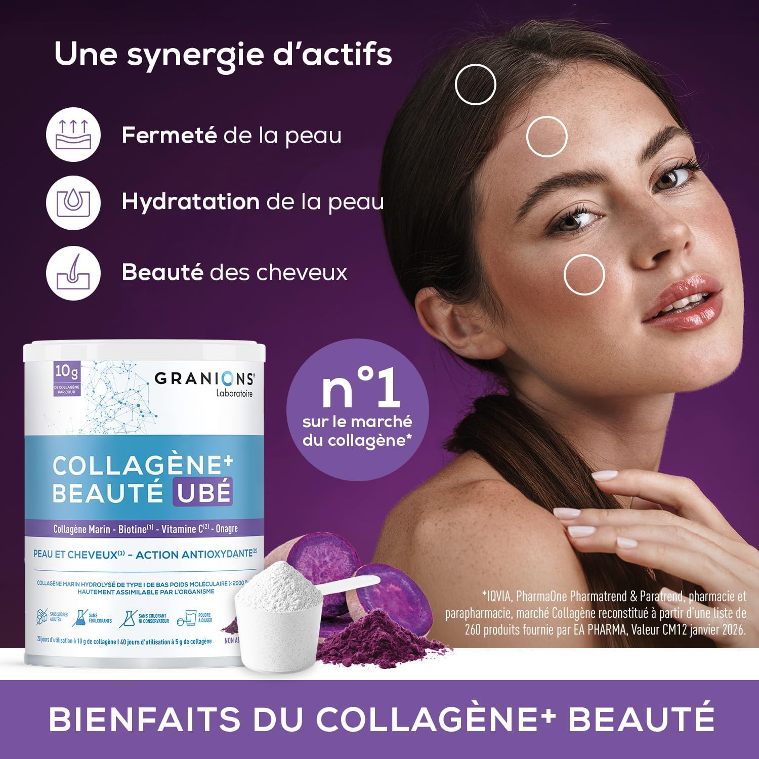 COLLAGENE +BEAUTE - GRANIONS Marine Collagen N°1 in Pharmacies - Collagen and Hyaluronic Acid, Biotin Hair, Vitamin C - Beauty Skin and Hair - High Assimilation - Taste Ube 216g - Image 3