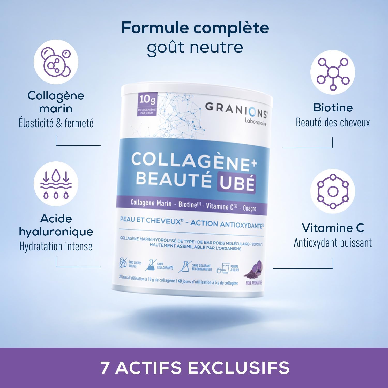 COLLAGENE +BEAUTE - GRANIONS Marine Collagen N°1 in Pharmacies - Collagen and Hyaluronic Acid, Biotin Hair, Vitamin C - Beauty Skin and Hair - High Assimilation - Taste Ube 216g - Image 4