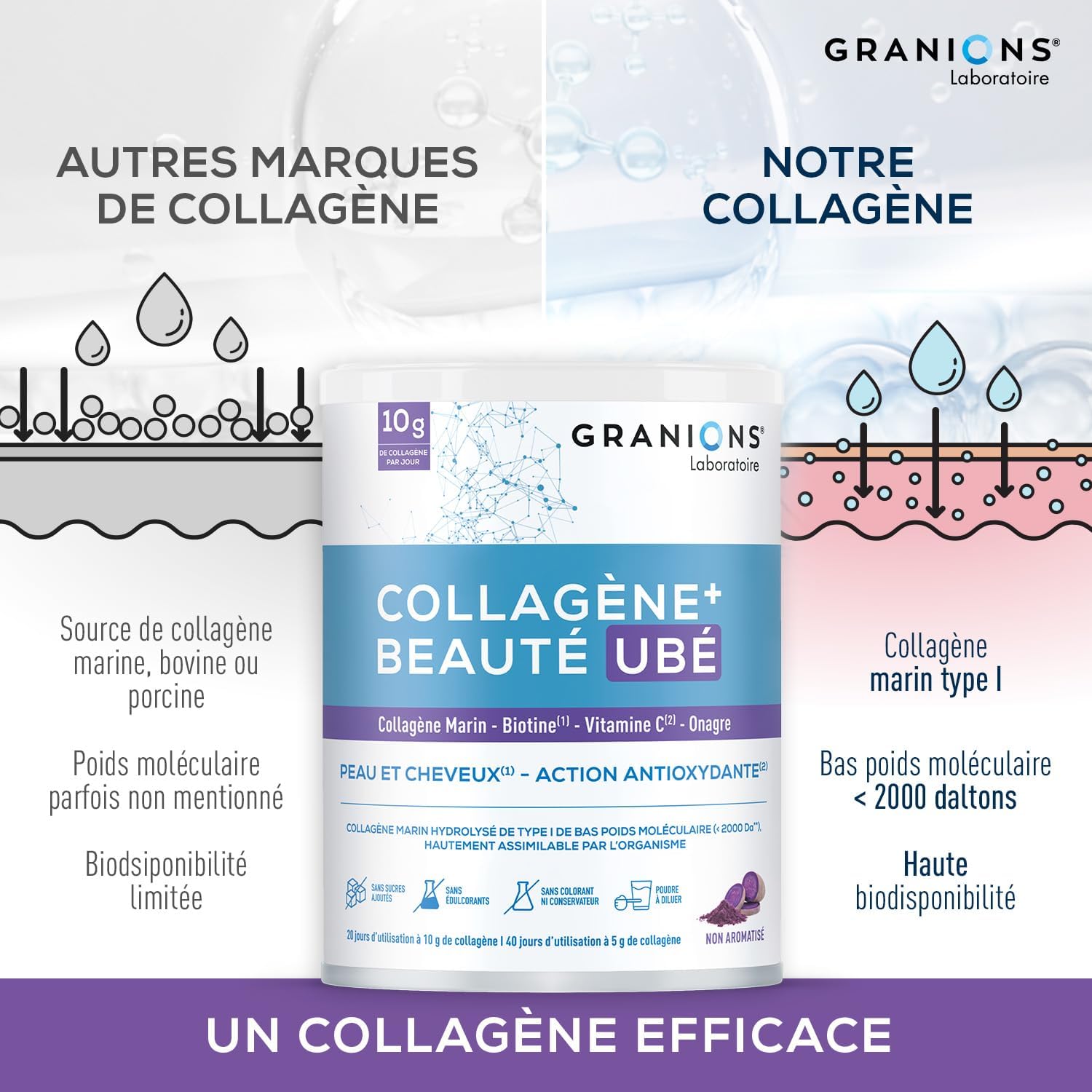 COLLAGENE +BEAUTE - GRANIONS Marine Collagen N°1 in Pharmacies - Collagen and Hyaluronic Acid, Biotin Hair, Vitamin C - Beauty Skin and Hair - High Assimilation - Taste Ube 216g - Image 5