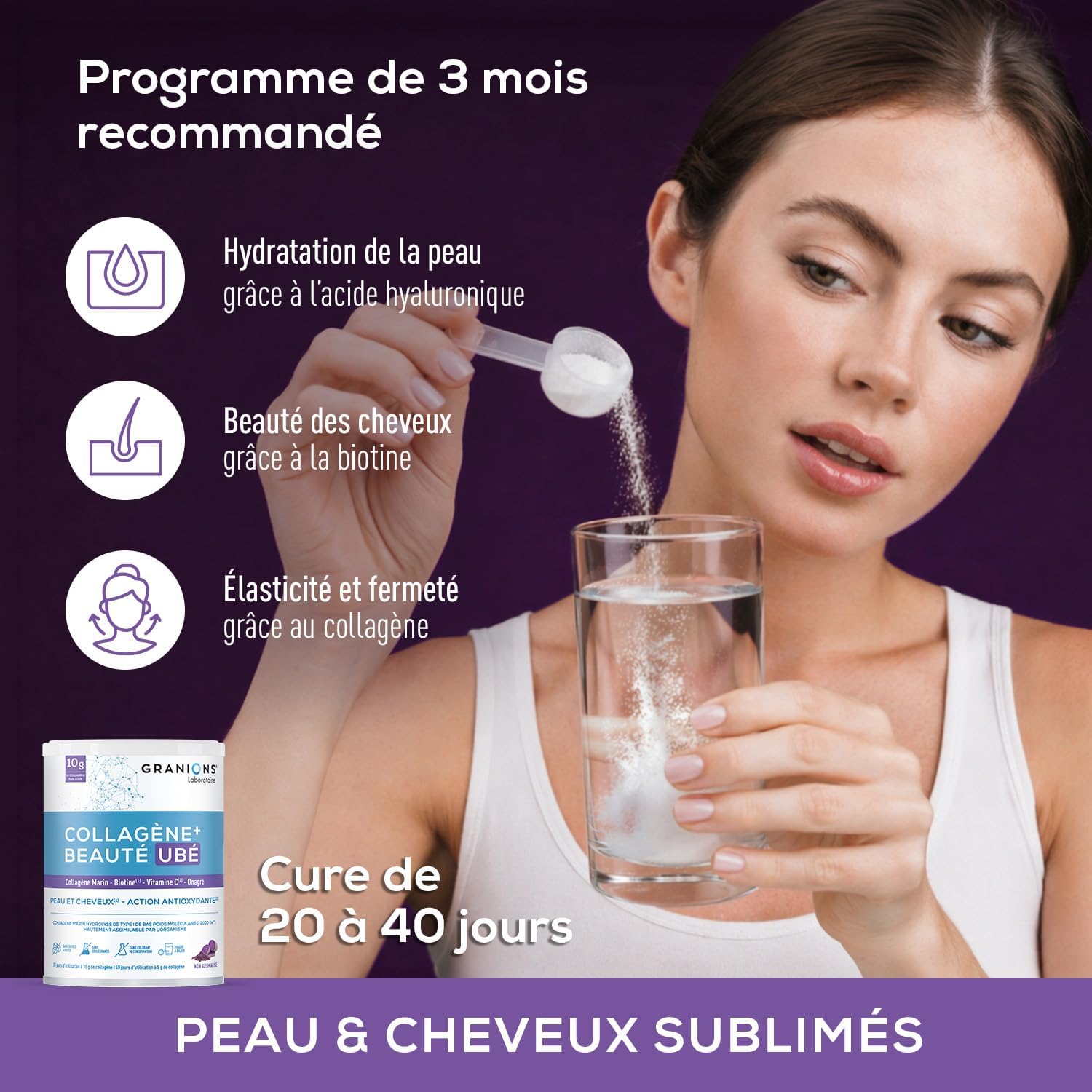 COLLAGENE +BEAUTE - GRANIONS Marine Collagen N°1 in Pharmacies - Collagen and Hyaluronic Acid, Biotin Hair, Vitamin C - Beauty Skin and Hair - High Assimilation - Taste Ube 216g - Image 6