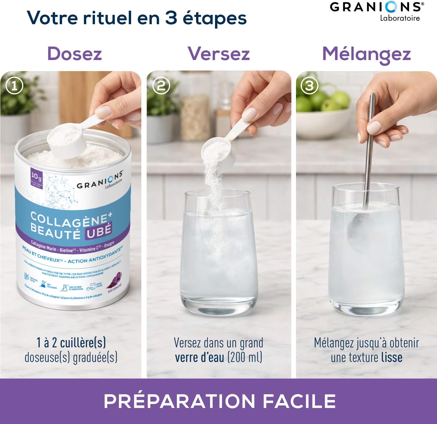 COLLAGENE +BEAUTE - GRANIONS Marine Collagen N°1 in Pharmacies - Collagen and Hyaluronic Acid, Biotin Hair, Vitamin C - Beauty Skin and Hair - High Assimilation - Taste Ube 216g - Image 7