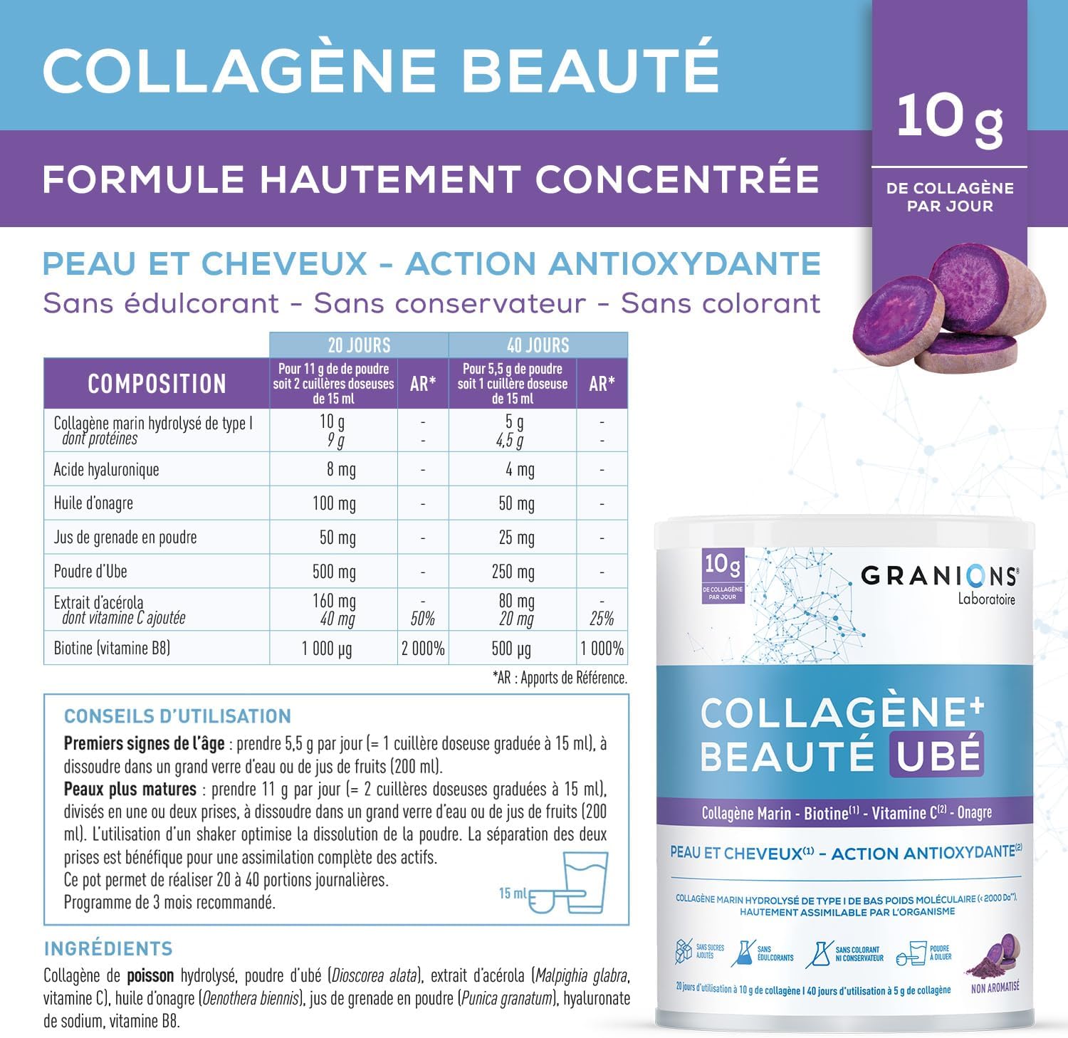 COLLAGENE +BEAUTE - GRANIONS Marine Collagen N°1 in Pharmacies - Collagen and Hyaluronic Acid, Biotin Hair, Vitamin C - Beauty Skin and Hair - High Assimilation - Taste Ube 216g - Image 8