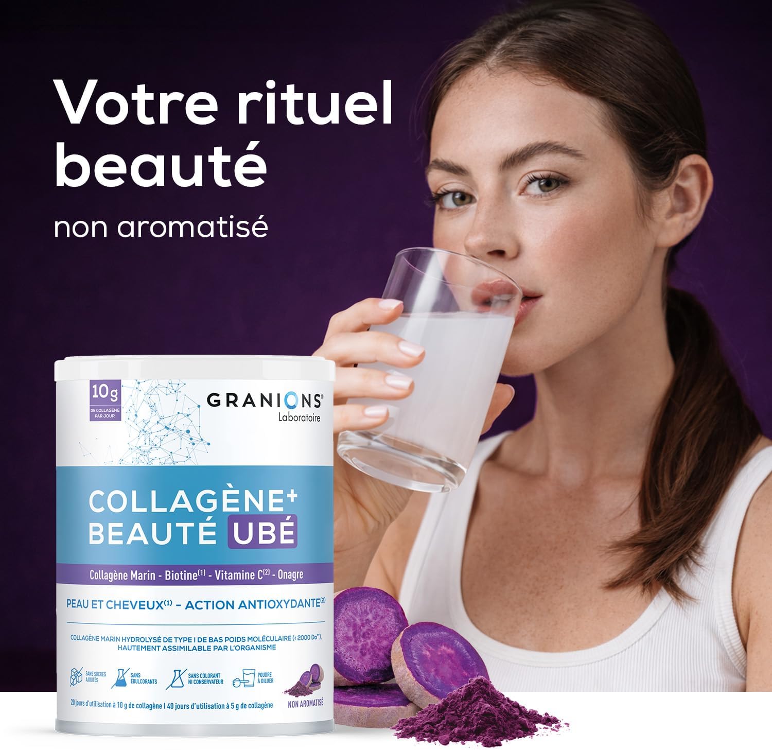 COLLAGENE +BEAUTE - GRANIONS Marine Collagen N°1 in Pharmacies - Collagen and Hyaluronic Acid, Biotin Hair, Vitamin C - Beauty Skin and Hair - High Assimilation - Taste Ube 216g - Image 9